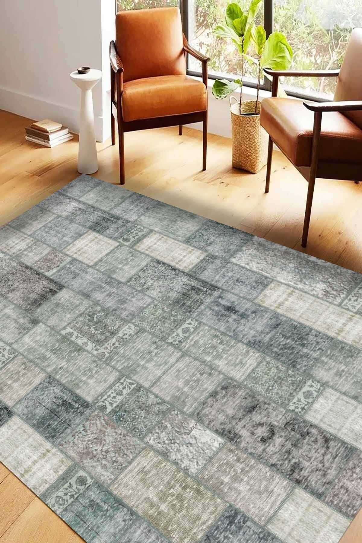 Lattedizayn Kentre Eskitme Yıkanabilir Kaymaz Pamuk Taban Kadife Salon Mutfak Halısı Yolluk Kilim