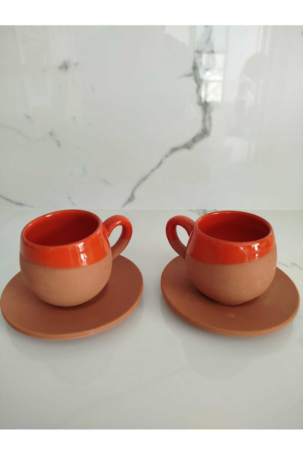 Cappadocia Family Store Toprak Yuvarlak İçi Sırlı Turuncu 2'li Kahve Fincan Takımı