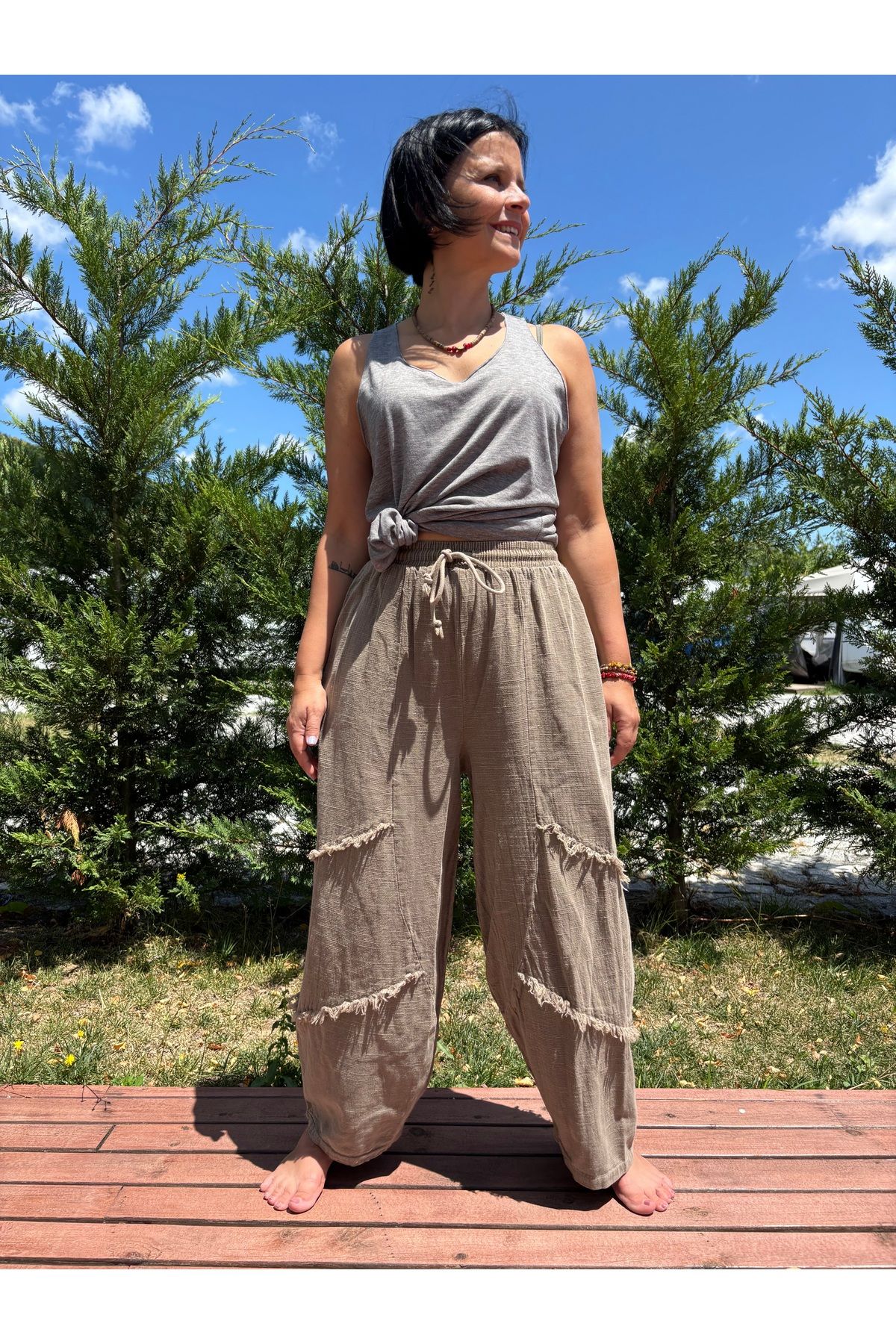 Bohoyasam Unisex Bohem Bol Paça Pantolon, Rahat Salaş Kesim, Lastikli Bel, %100 Pamuk, Haki, Kahve, Siyah, Bej