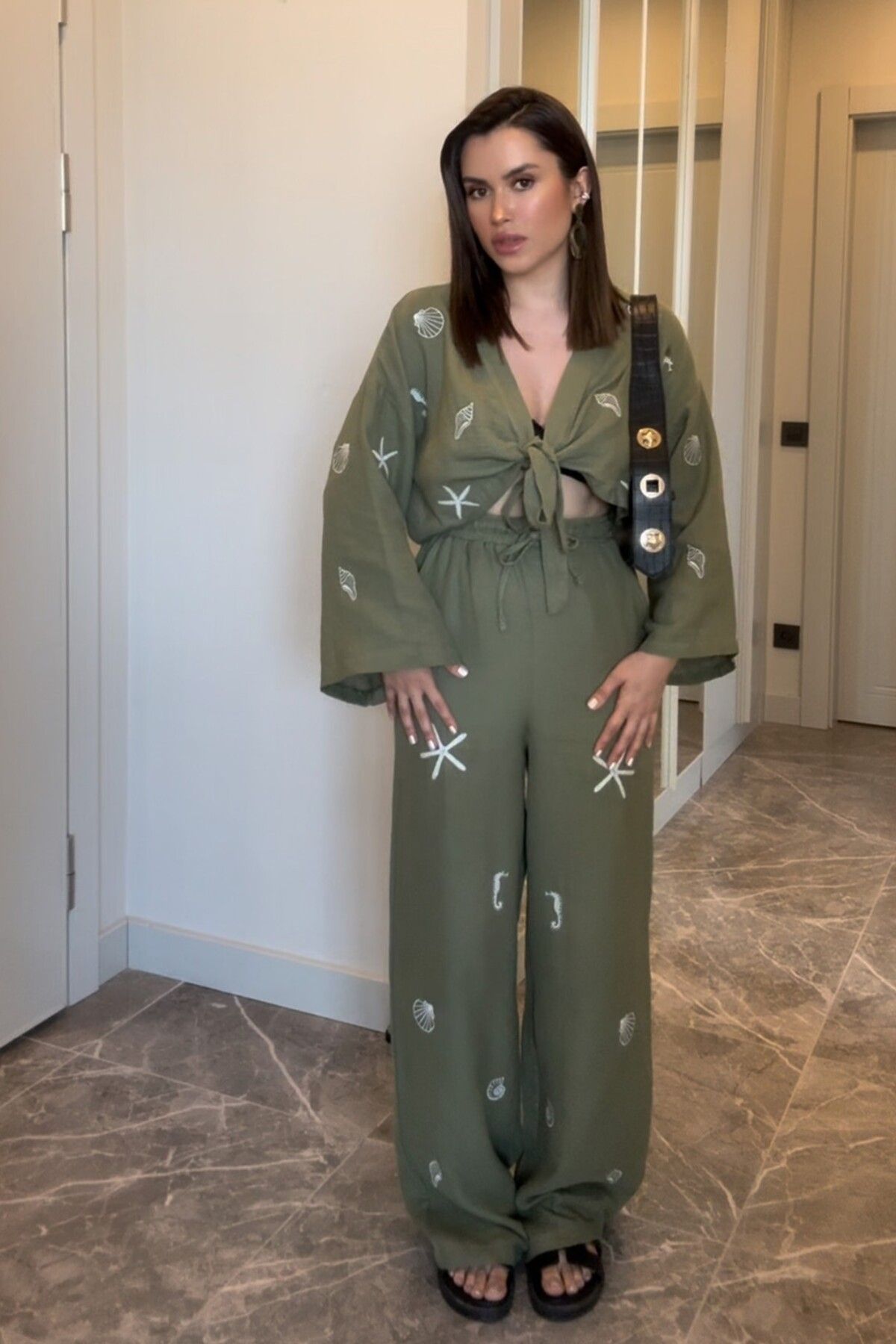 ROUPAS Keten Yıldız Nakışlı Takım