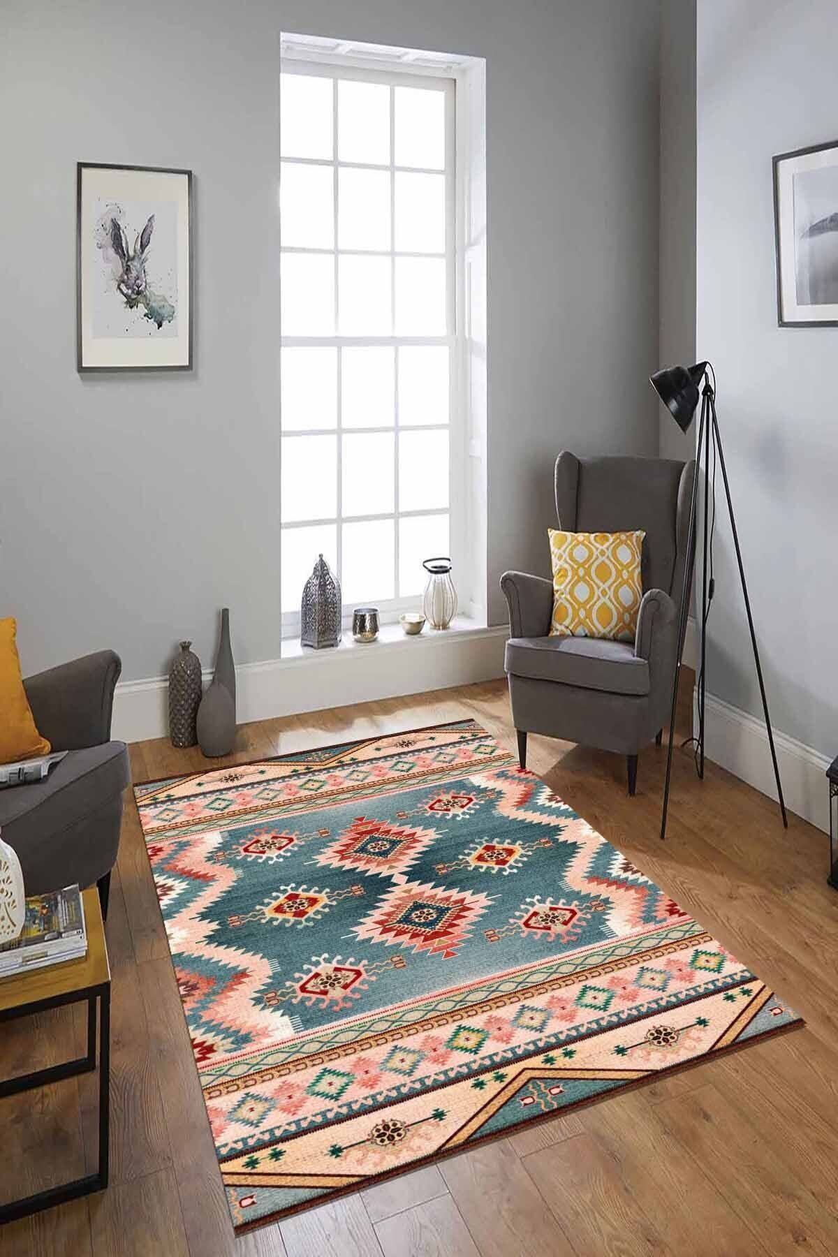 Lattedizayn Klover Eskitme Yıkanabilir Kaymaz Pamuk Taban Kadife Salon Mutfak Halısı Yolluk Kilim