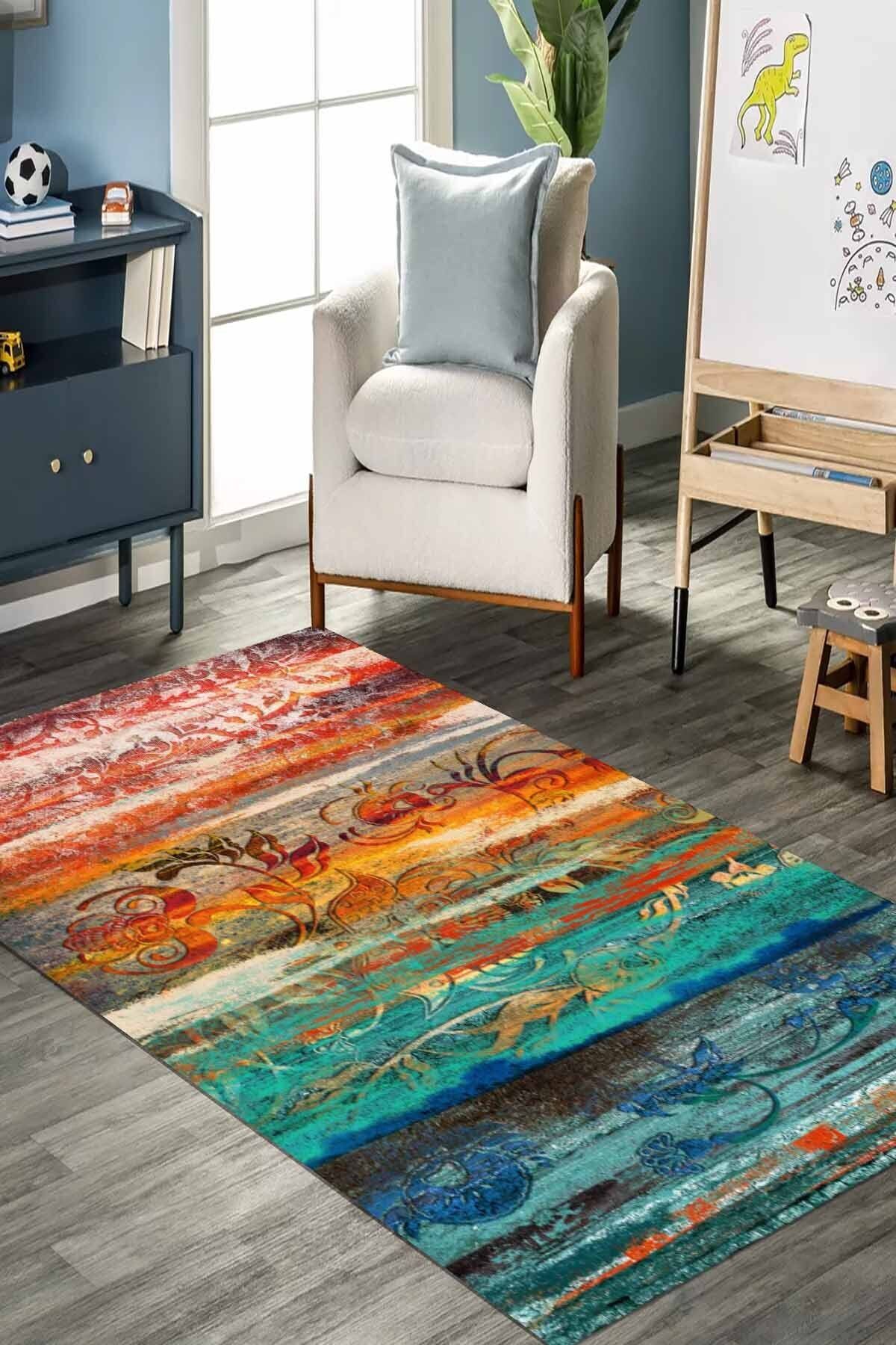 Lattedizayn Gambo Eskitme Yıkanabilir Kaymaz Pamuk Taban Kadife Salon Mutfak Halısı Yolluk Kilim