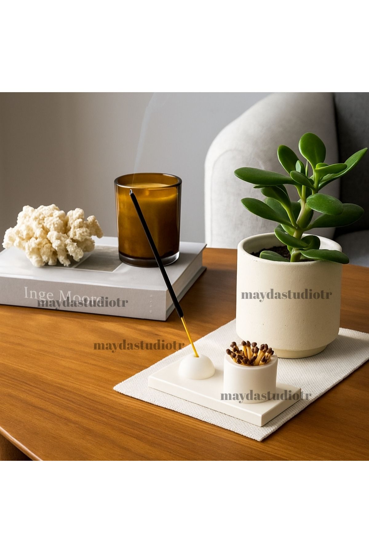 MAYDA STUDIOS EL YAPIMI BETON TÜTSÜLÜK, MEDİTASYON DEKORU, MERMER DESEN TÜTSÜLÜK, BEYAZ TÜTSÜLÜK