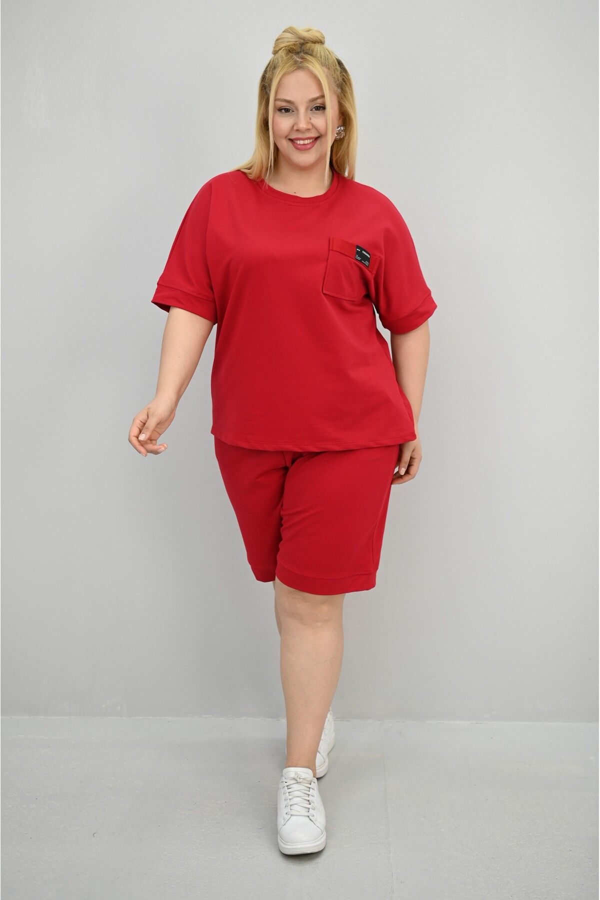 Koza Butik-Women's Plus Size Short Sleeve Pocket Detailed Shorts Set 8209-25 6