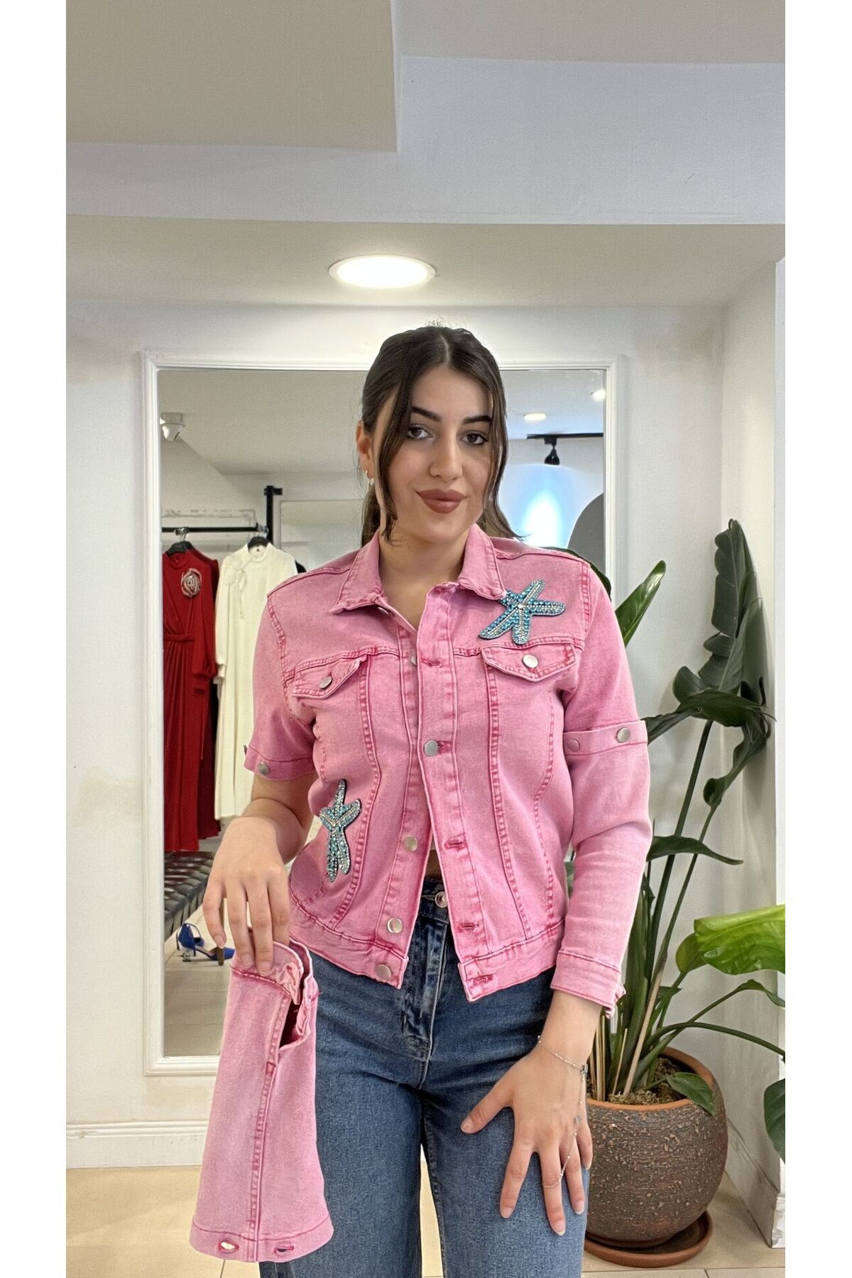 SUNAYBUTİK PEMBE TASARIM KOT CEKET
