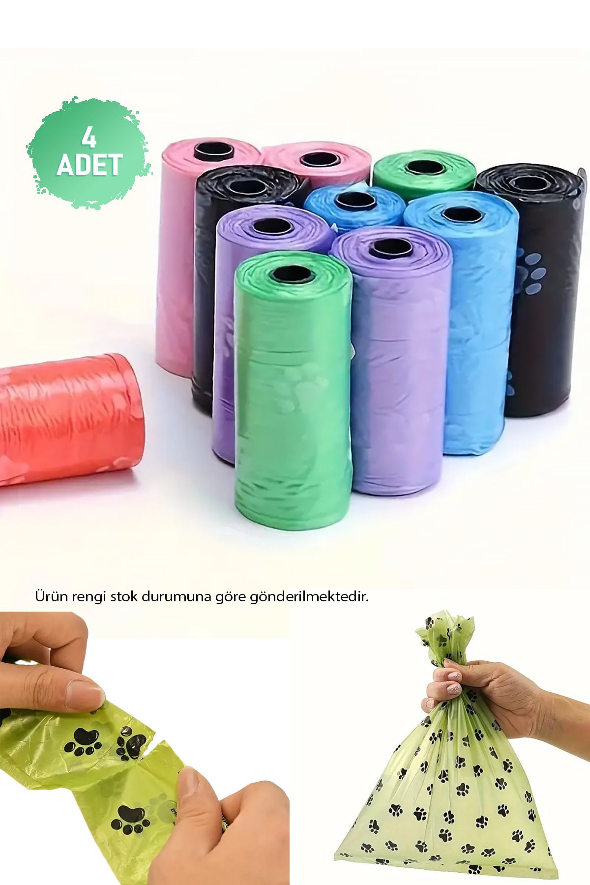 Soillium 4'lü Köpek Kaka Poşeti Rulosu 60'lı Paket Renkli Atık Torbası Hayvan Dışkı Temizlik Poşeti Torbası