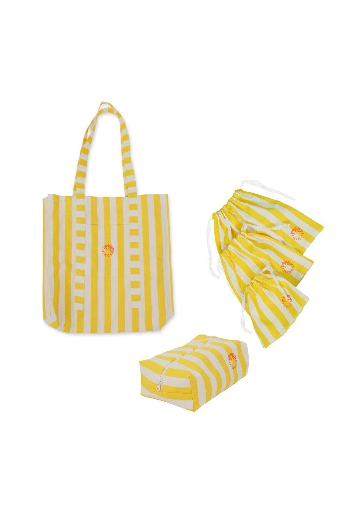 PEPPYTHINGS Koko 3'li Set (Bez Çanta - 3'lü Kese - Makyaj Çantası)