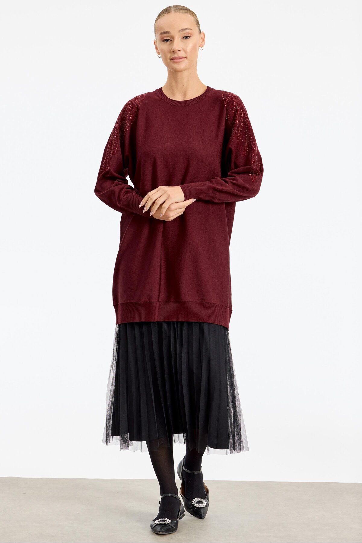 Tığ Triko Omzu Yaprak Taş Baskılı Rayon Tunik BORDO