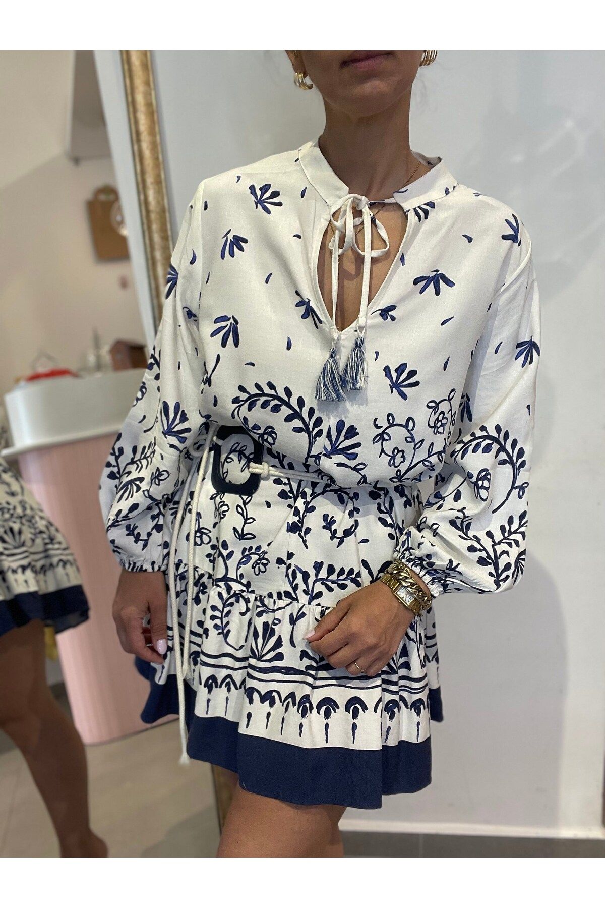 Butik Kadın, Hakim Yaka, Püskül Detaylı, Uzun Kollu, Mavi Desenli, Keten Elbise