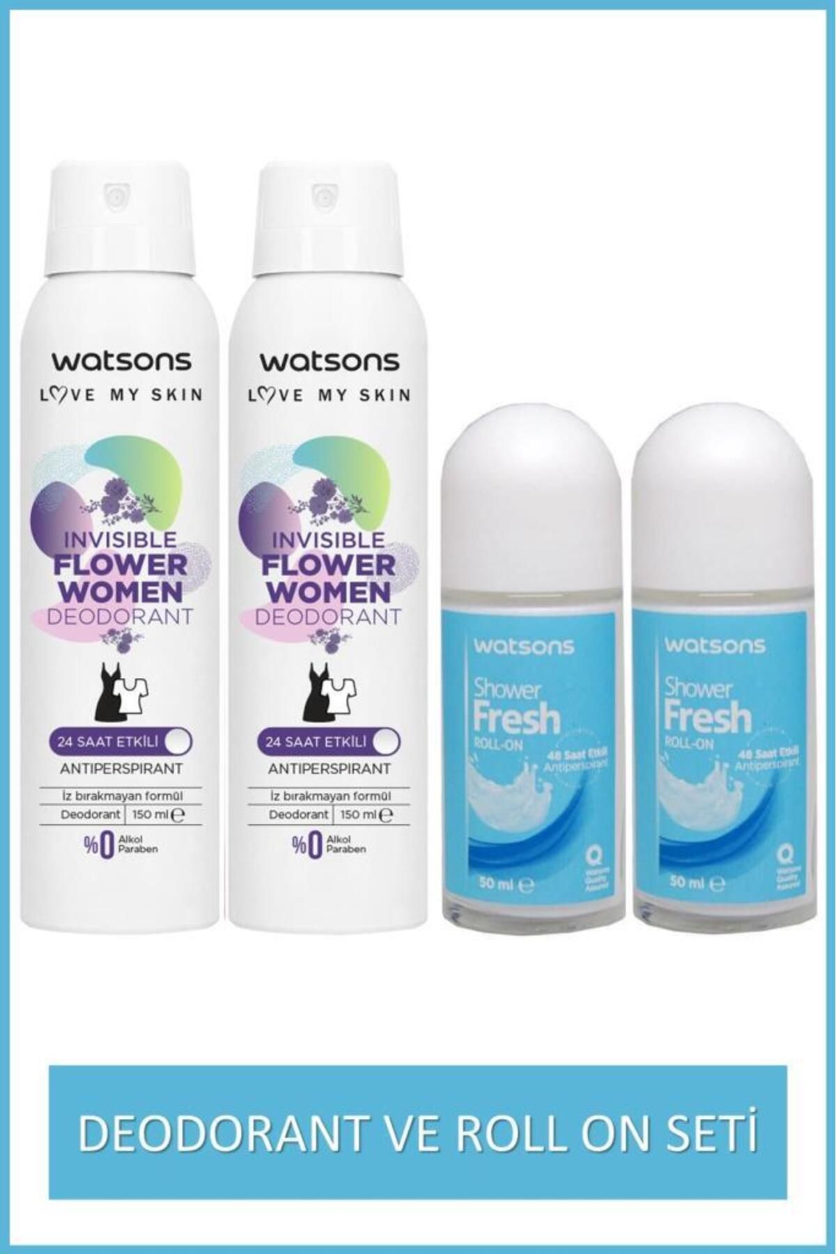 Watsons Shower Fresh Kadın Roll-on 50 Ml X2 ve Invisible Fresh 24 Saat Etkili Deodorant 150 Ml X2