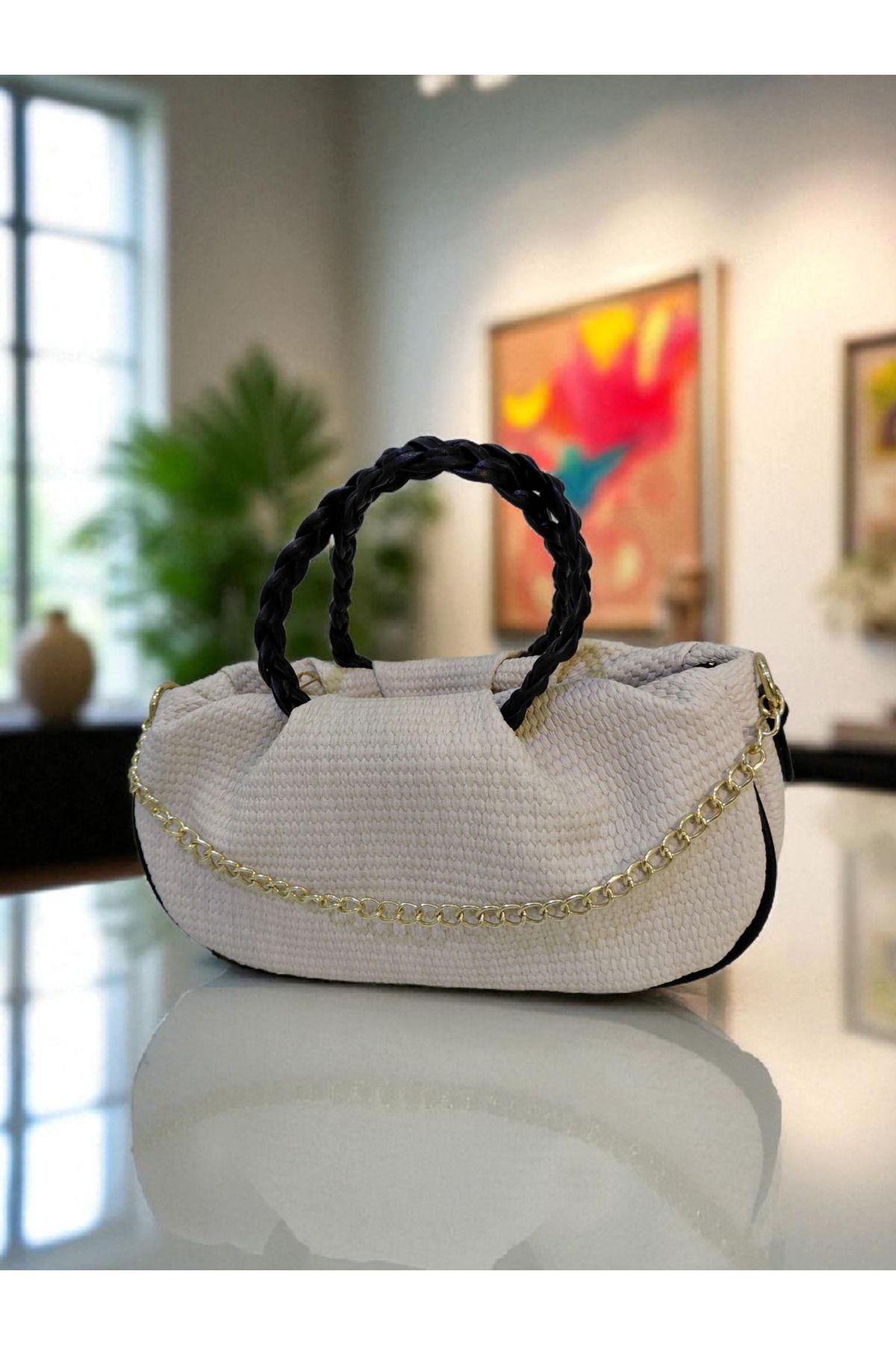 TUBAG SHOP ÖRGÜ DOKULU ZİNCİR DETAYLI KADIN EL VE OMUZ ÇANTASI