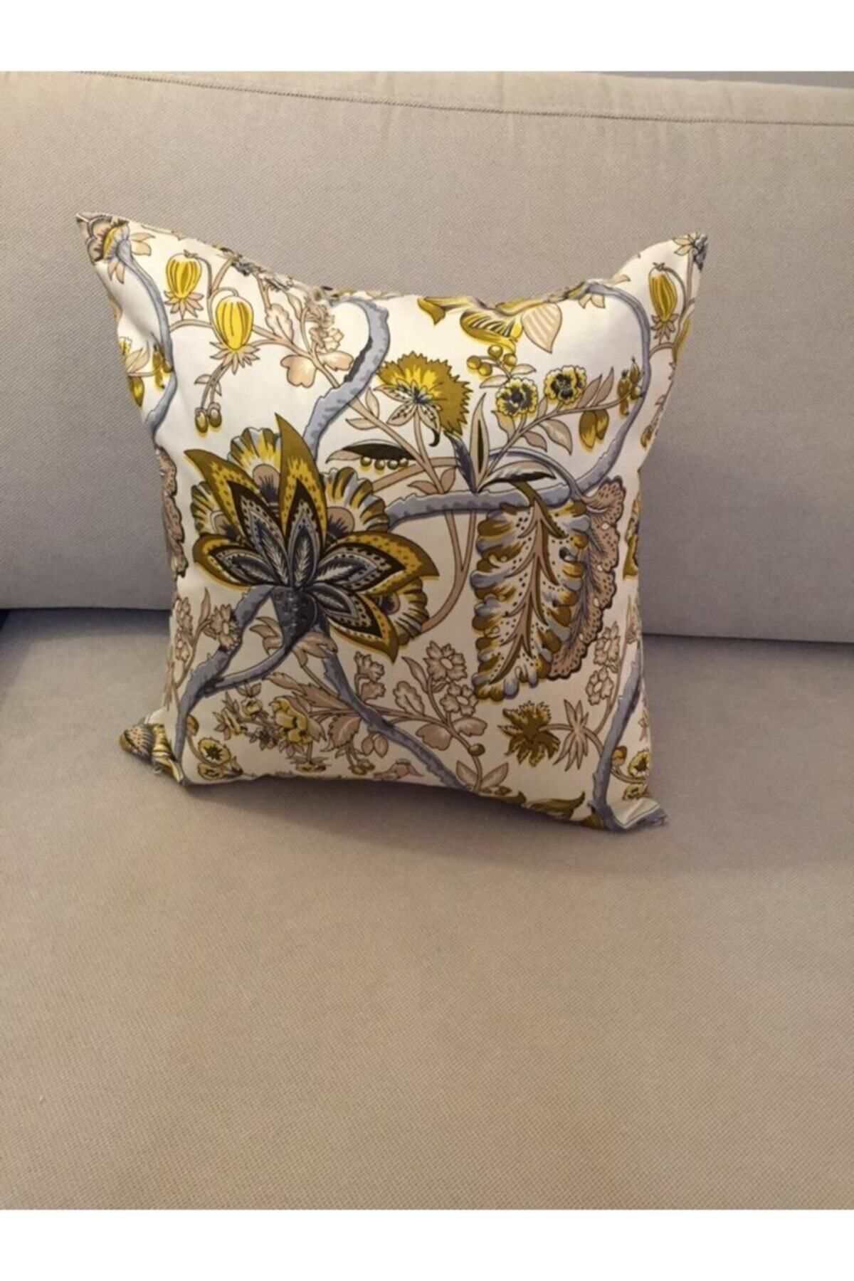 Elioure Çiçek Baskılı Pamuklu Kırlent Krem/Yeşil 45x45 cm, Renkli ve Şık Dekorasyon Parçası