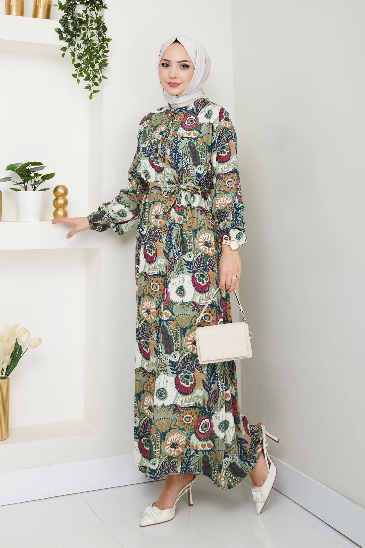 Moda MSK Renkli Çiçek Desenli Kuşaklı Elbise Yeşil