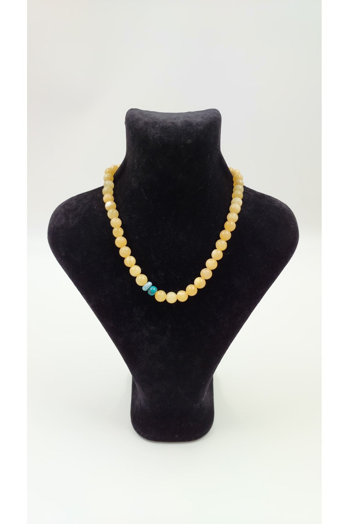 R G Handmade Design İran Turkuazı ve Larimar Detaylı Sarı Kalsit Doğal Taş Kolye
