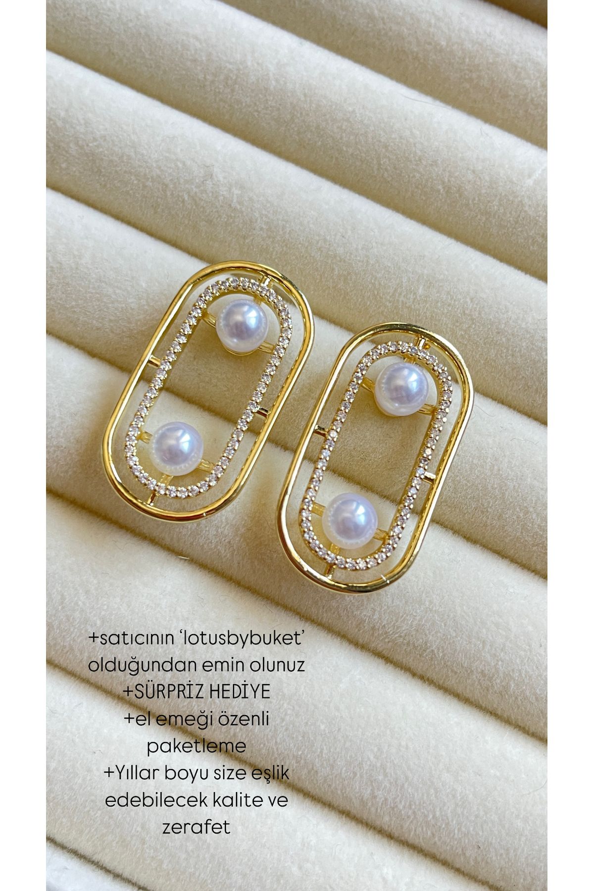 lotusbybuket VIP Çelik gold 14 ayar altın rengi zirkon taşlı inci detay küpe