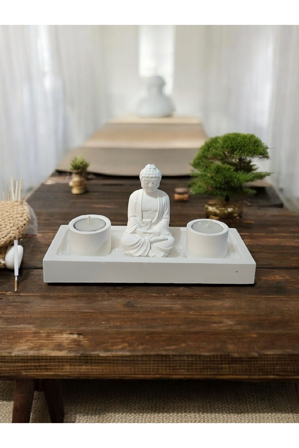 NocheLuz Dekoratif Buddha Heykeli ve 2li Mumluk Seti, Buda Mumluk Seti