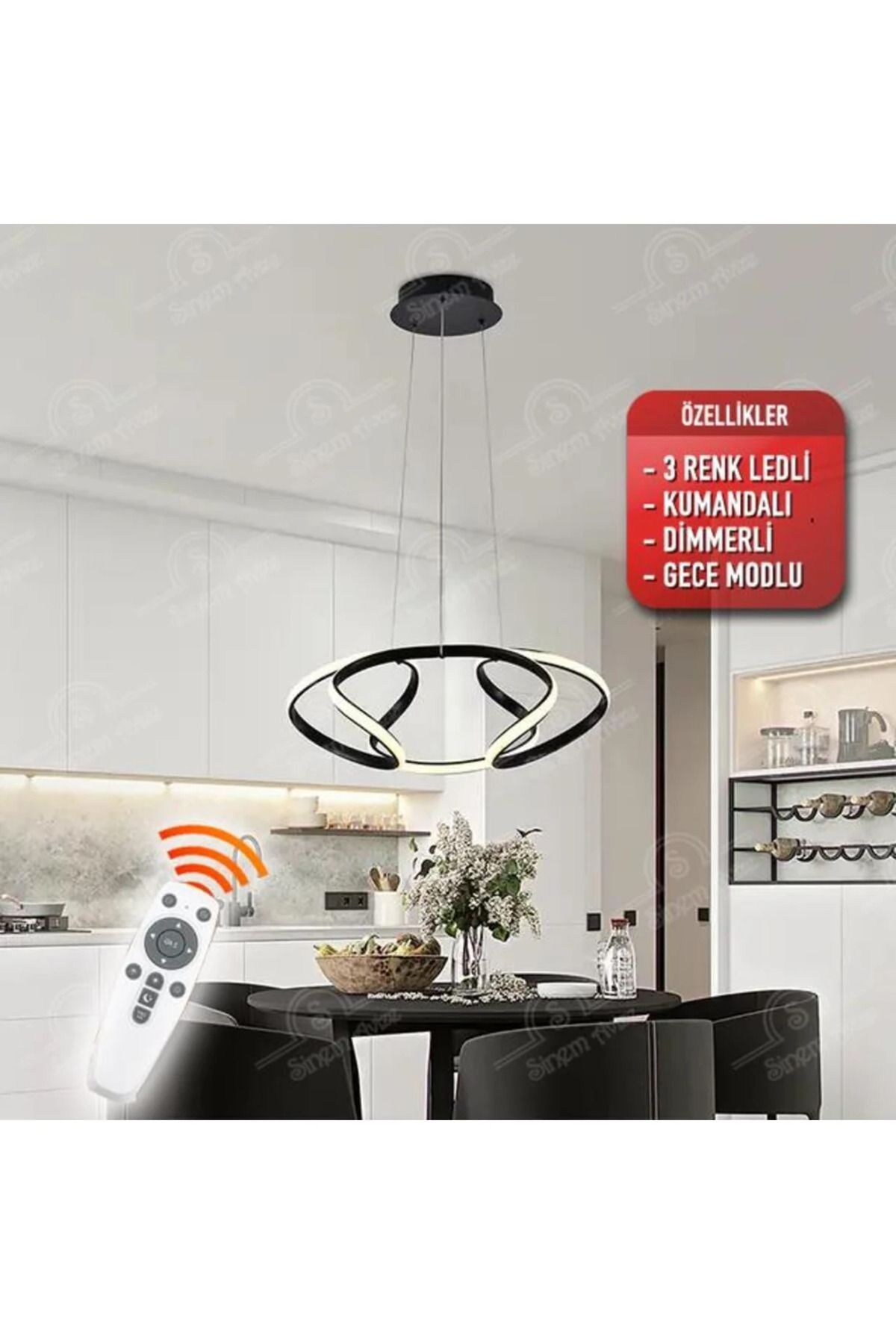 durulight Drona Siyah Kumandalı 3 Renk Ledli Dimmerli Plafonyer Modern Ledli Avize