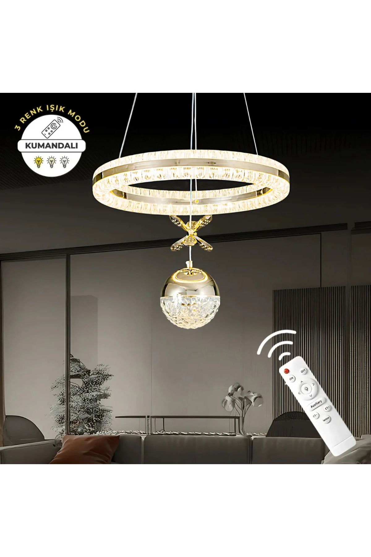 durulight Gold Kumandalı 3 Renk Ledli Çift Yönlü Aydınlatmalı Lüks Tasarım Ledli Avize Çap 40 cm