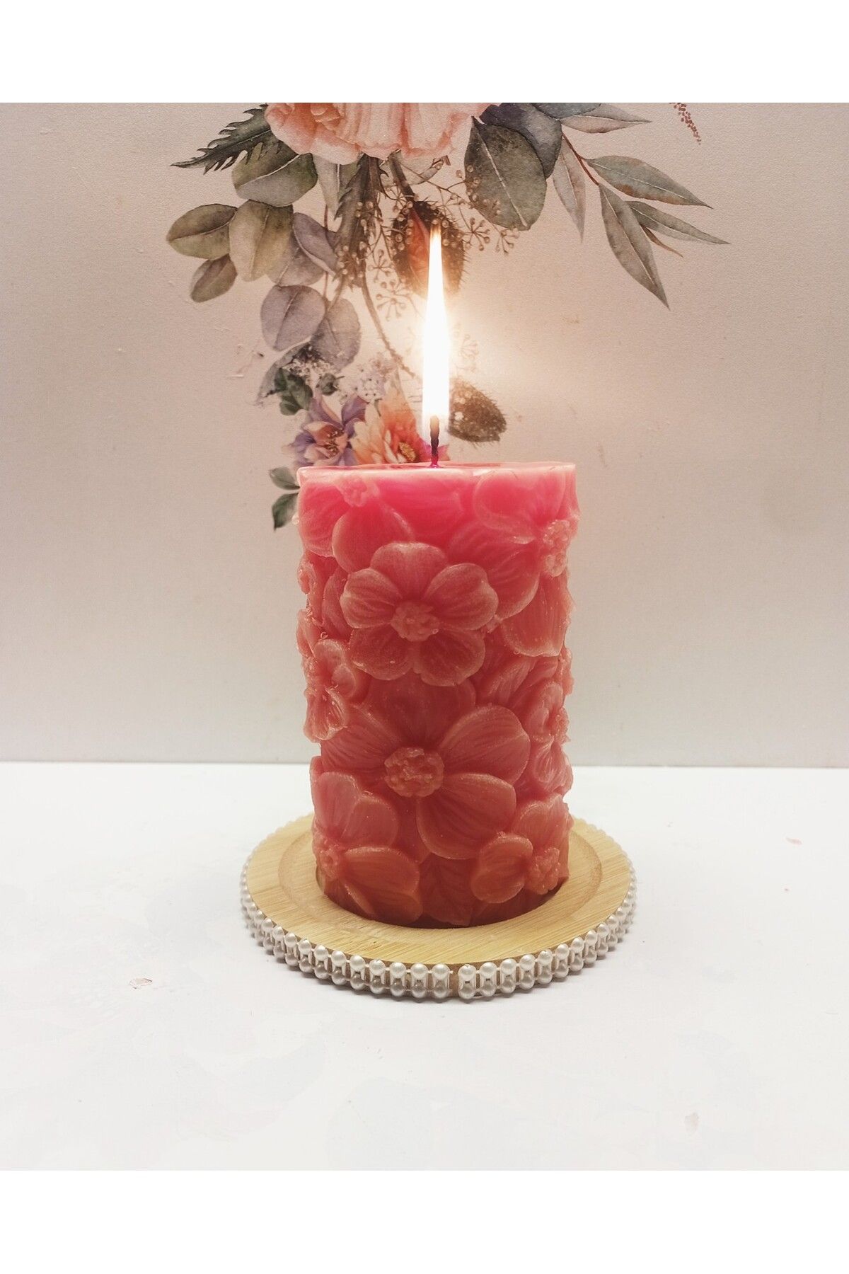 MADE SOYAWAX AROMA TERAPİ KOKULU ÇİÇEK DESENLİ MUM VE İNCİ DESENLİ AHŞAP MUM ALTLIĞI