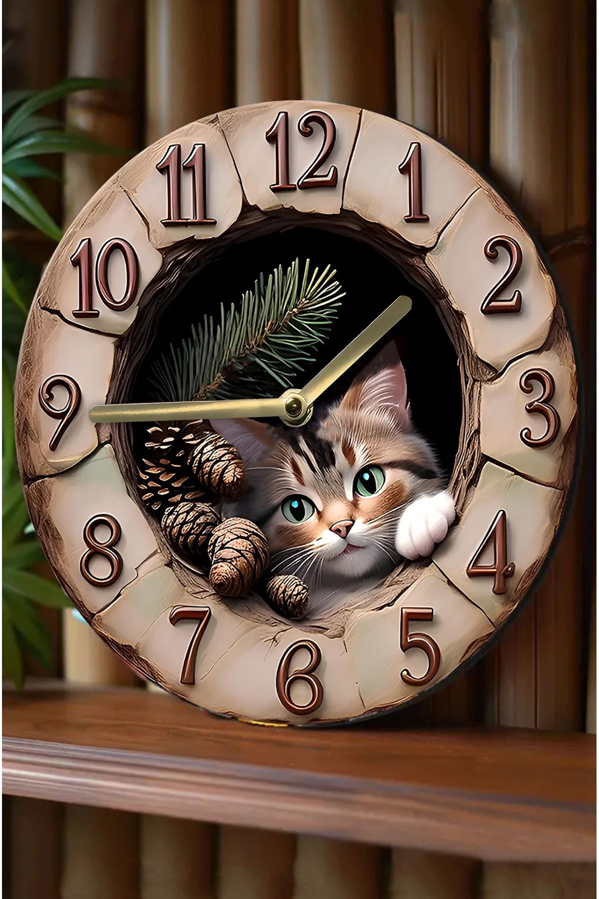 kutuTR 🐾 Patili Dostlarınız İçin Patili Saat – Kedi Temalı Doğal Duvar Saati sdw007