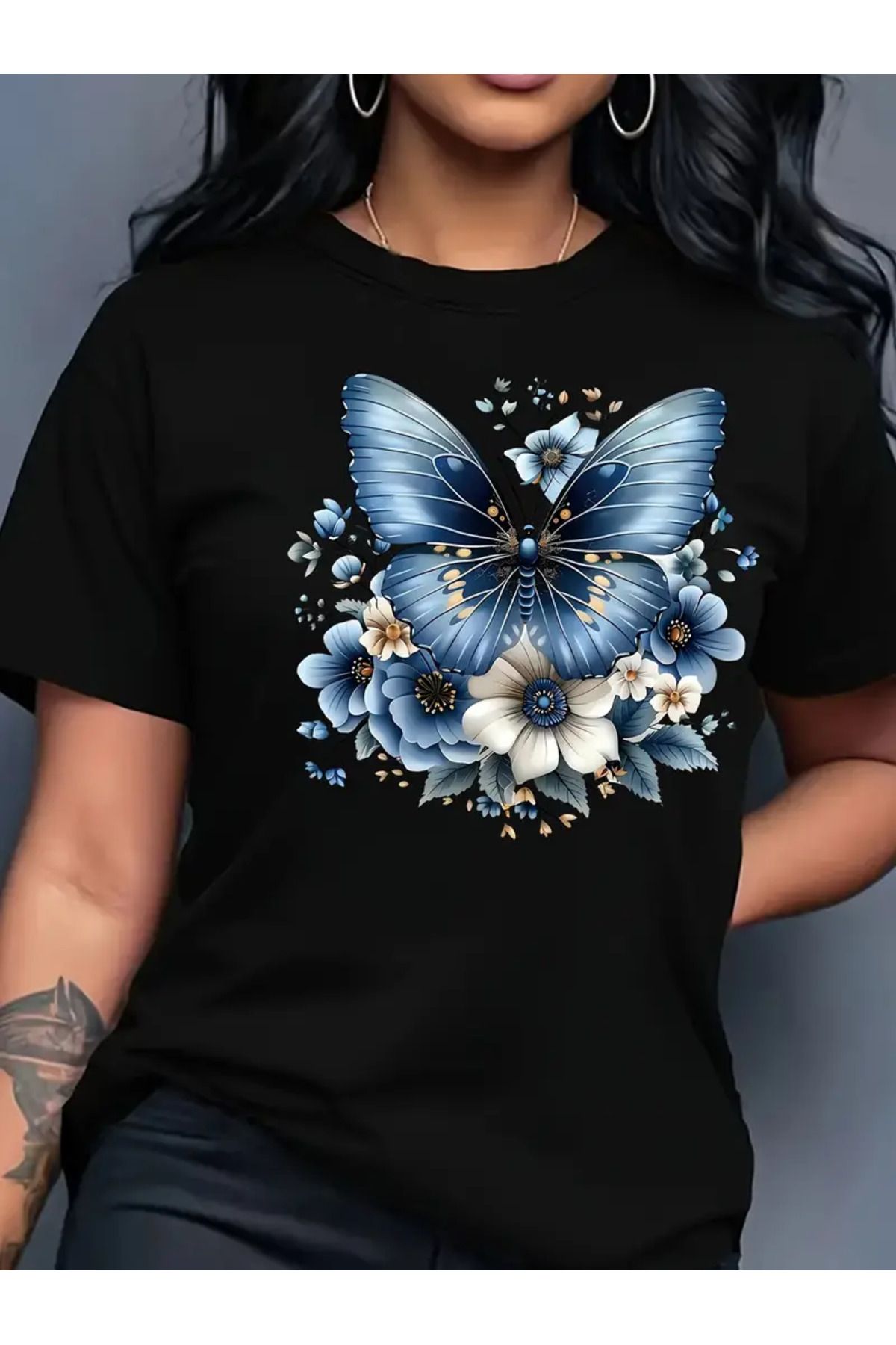HOFFNUNG T SHIRTBLUR BUTTERFLY AND FLOWERS oversize