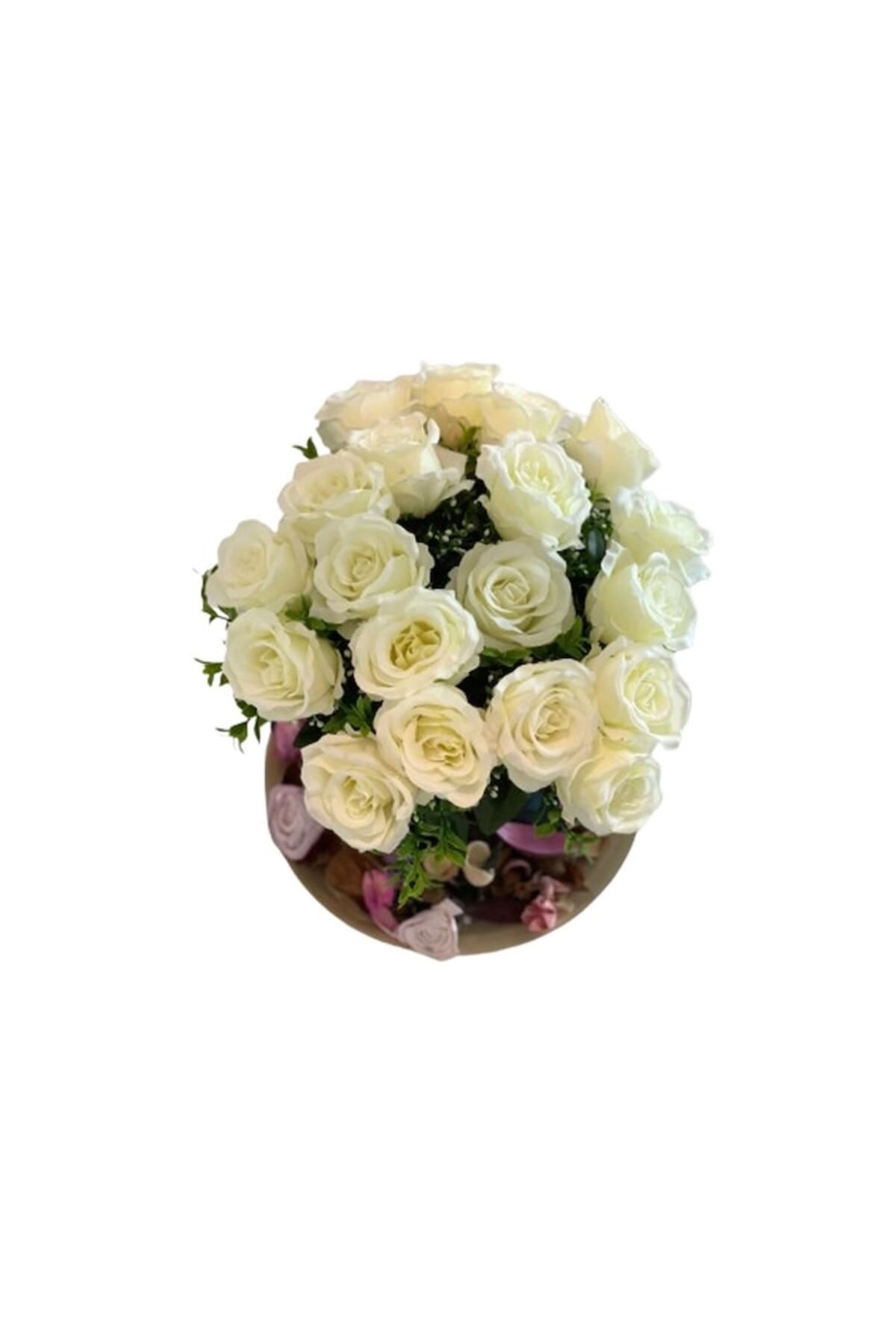 celhome-Elegant Arrangement for Table, CELhome, 19 White Roses, Glass Vase with Pebbles, Bamboo Base, 38 x 3 3