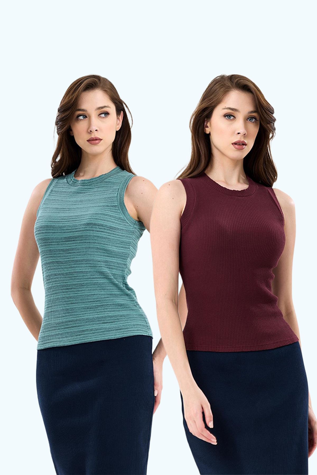 pulur.co Kadın 2'li Paket Bordo - Çağla Bisiklet Yaka Kolsuz %95 Pamuklu Fitilli Kaşkorse Atlet Body