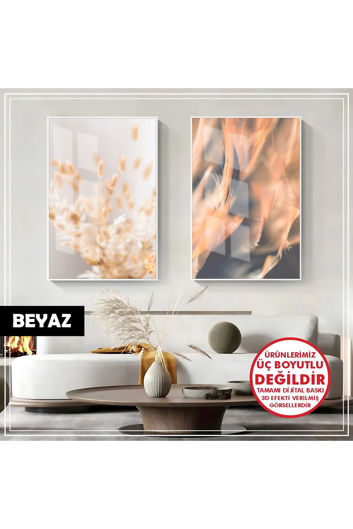 Harikabirev HARİKABİREV|SOFT KANAT ÇİÇEK KOMBİNİ (FEATHER) |ÇERÇEVELİ CAM TABLO 2Lİ DİKEY