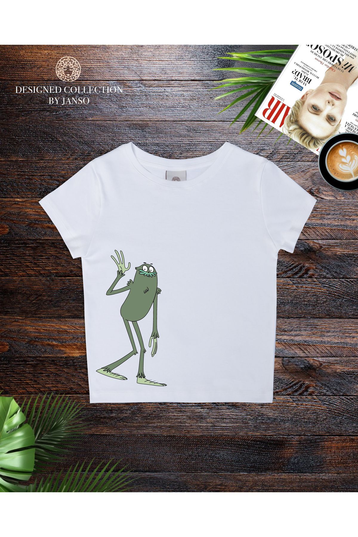 JANSO GROUP - KADIN KISA KOLLU CROP TSHIRT BASKILI kurbağa PAMUKLU PENYE KUMAŞ