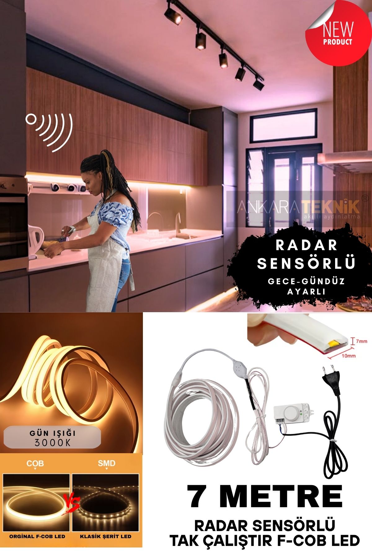 ankarateknik Sensörlü Gün ışığı (3000K) Renk F- Cob Neon Led / Yüksek Lümen/ Dolap Alcıpan Tavan LED /7 Metre