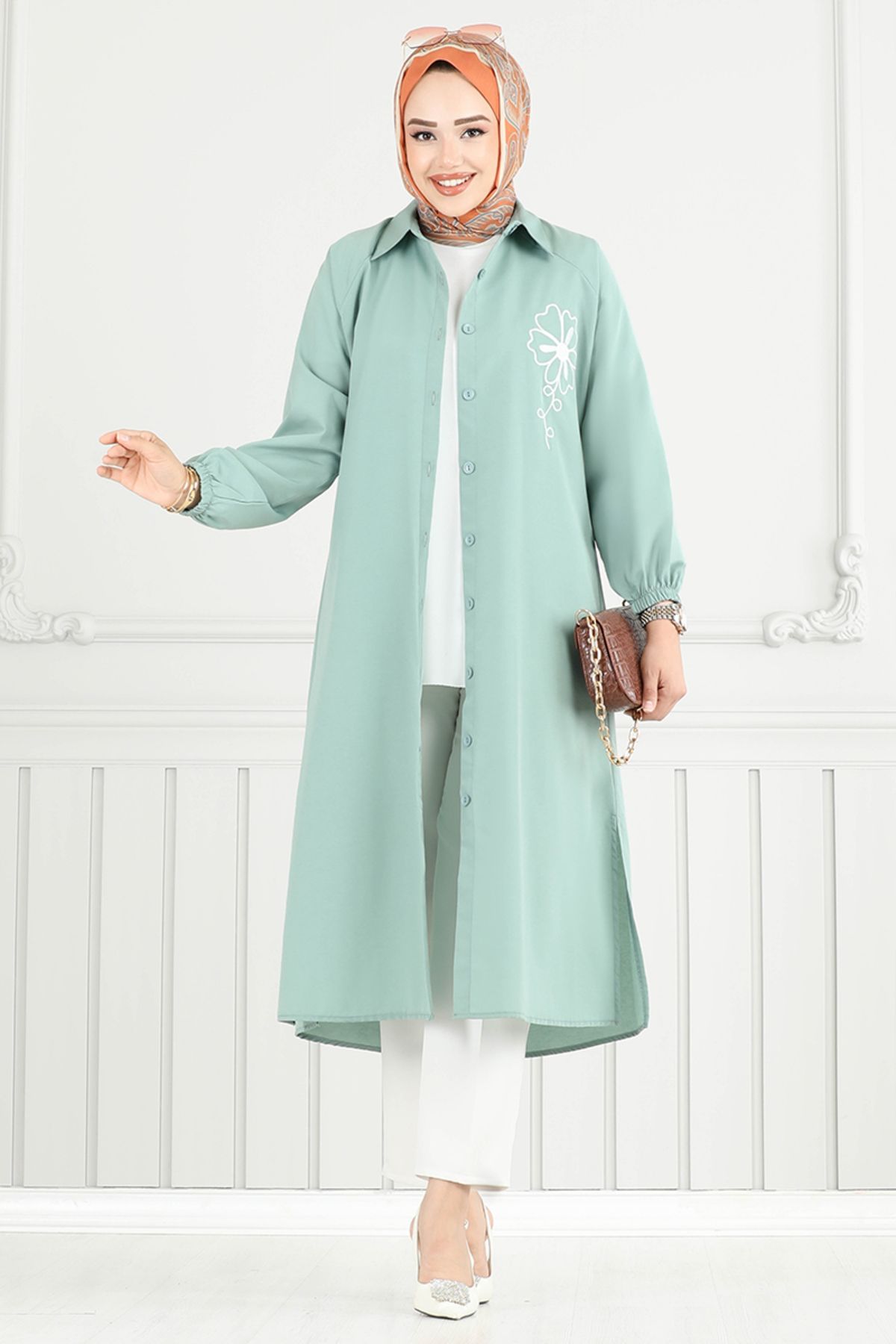 ModaMerve Nakış Detay Tesettür Tunik 4095PM1063-M Açık Mint