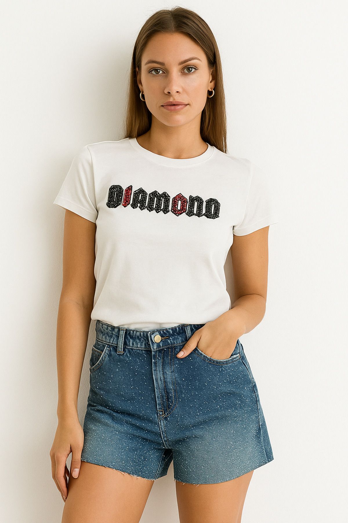 MAMAYAGA Kadın Denim Önü Taşlı Taşlamalı Kısa Spor Şık Tasarım Yüksek Bel Kot Şort