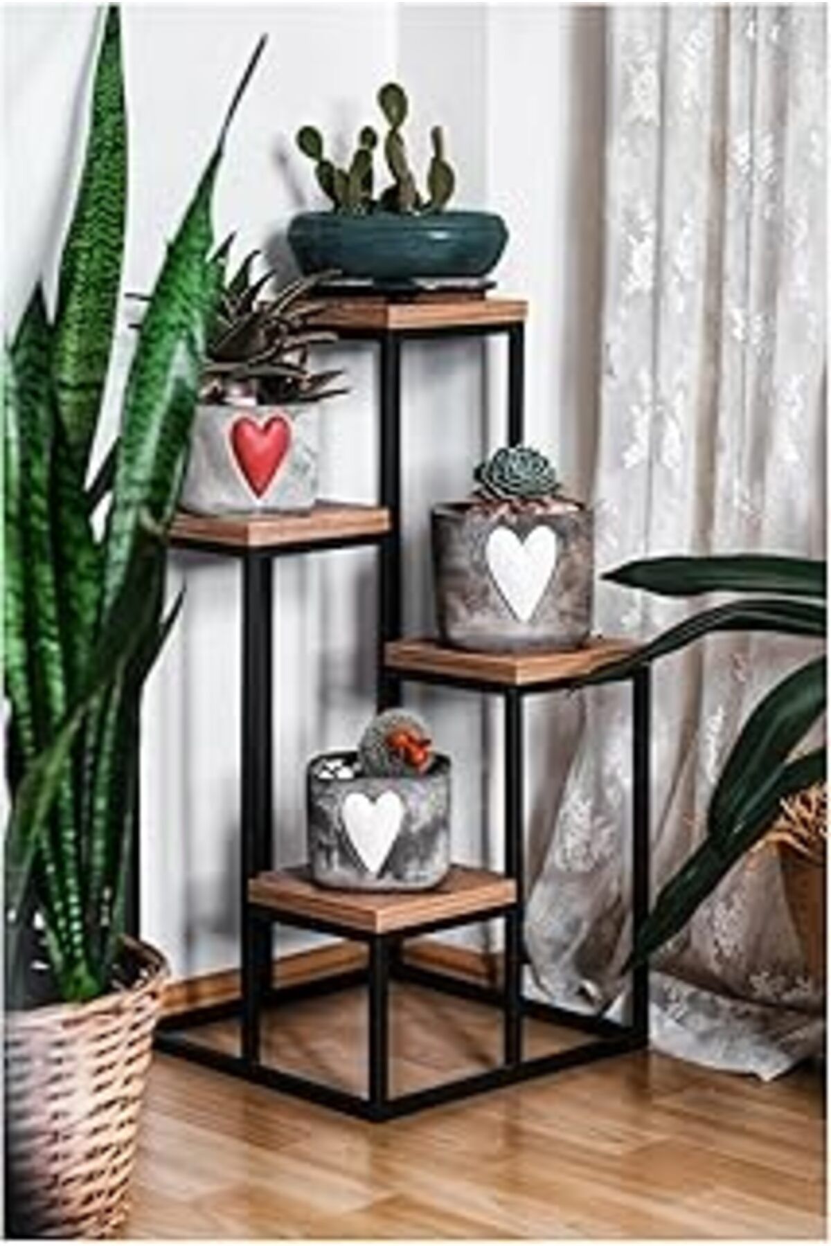 Pazarcan Digithome Dekoratif 4 Raflı Metal Çiçeklik Saksı Standı Saksılık Atlantik Çam 1-1-369