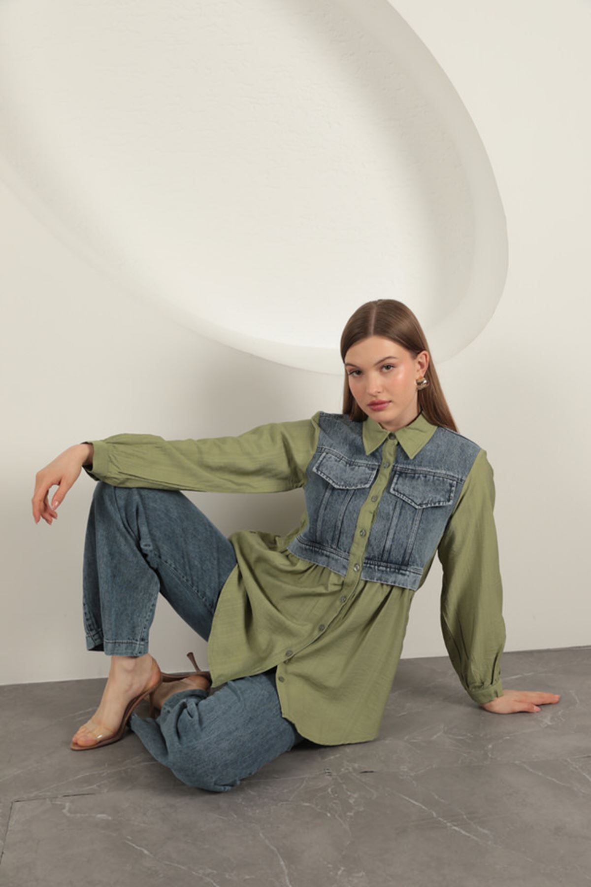 devrialemshoes Poplin Kumaş Kot Garnili Haki Kadın Gömlek