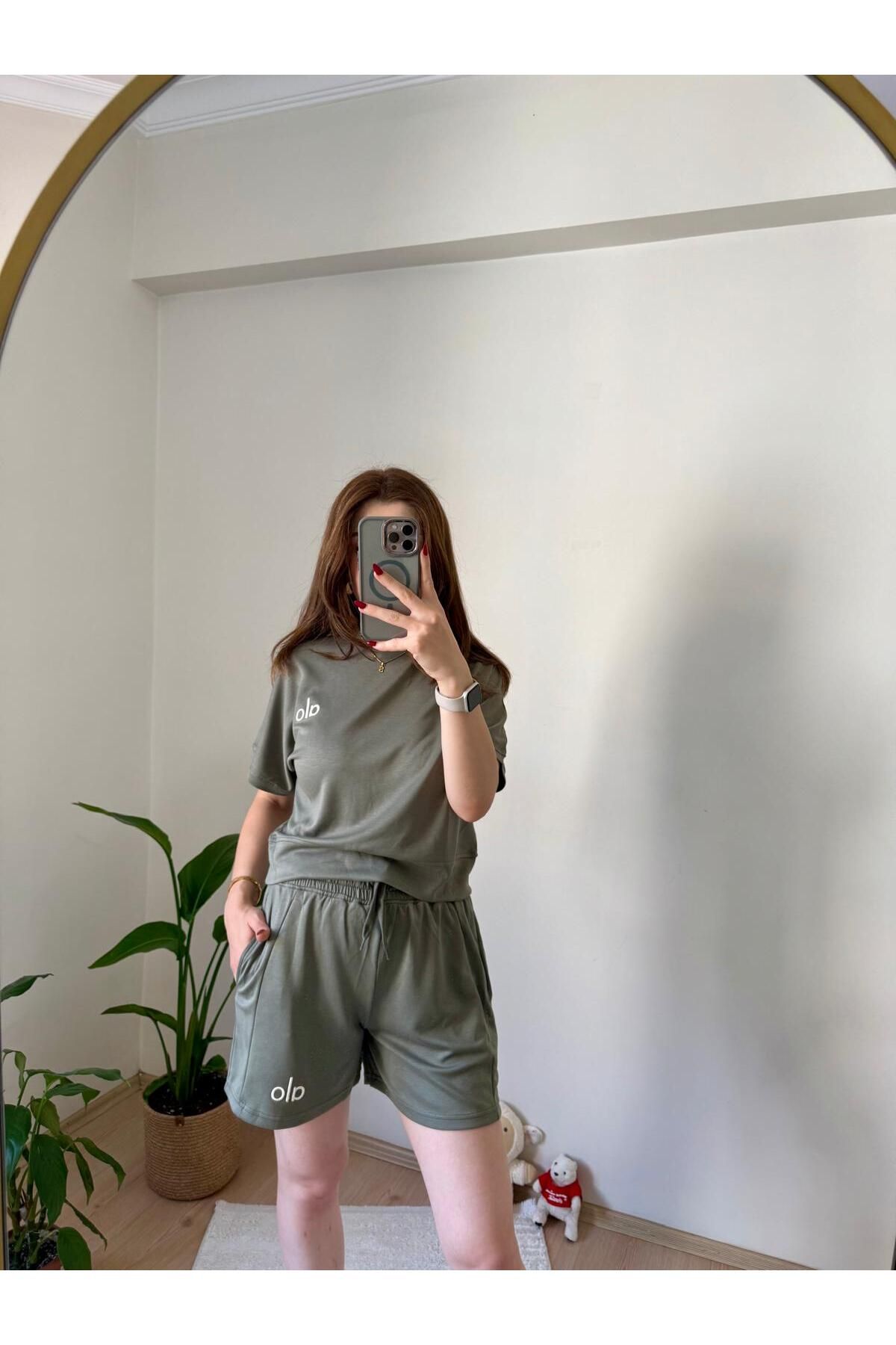 MODA Kadın Haki Şortlu Spor Takım - Yazlık Oversize Tişört & Cepli Şort