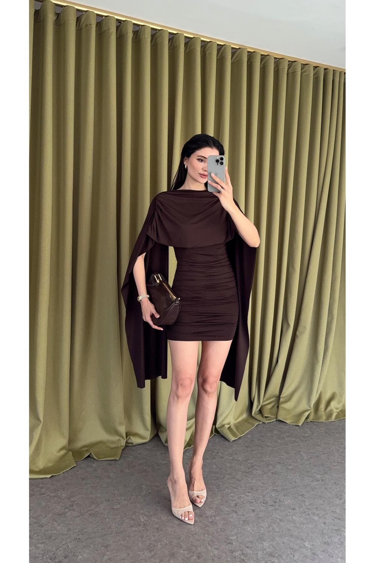 HAZELANNA Pelerinli Acı Kahve Elbise