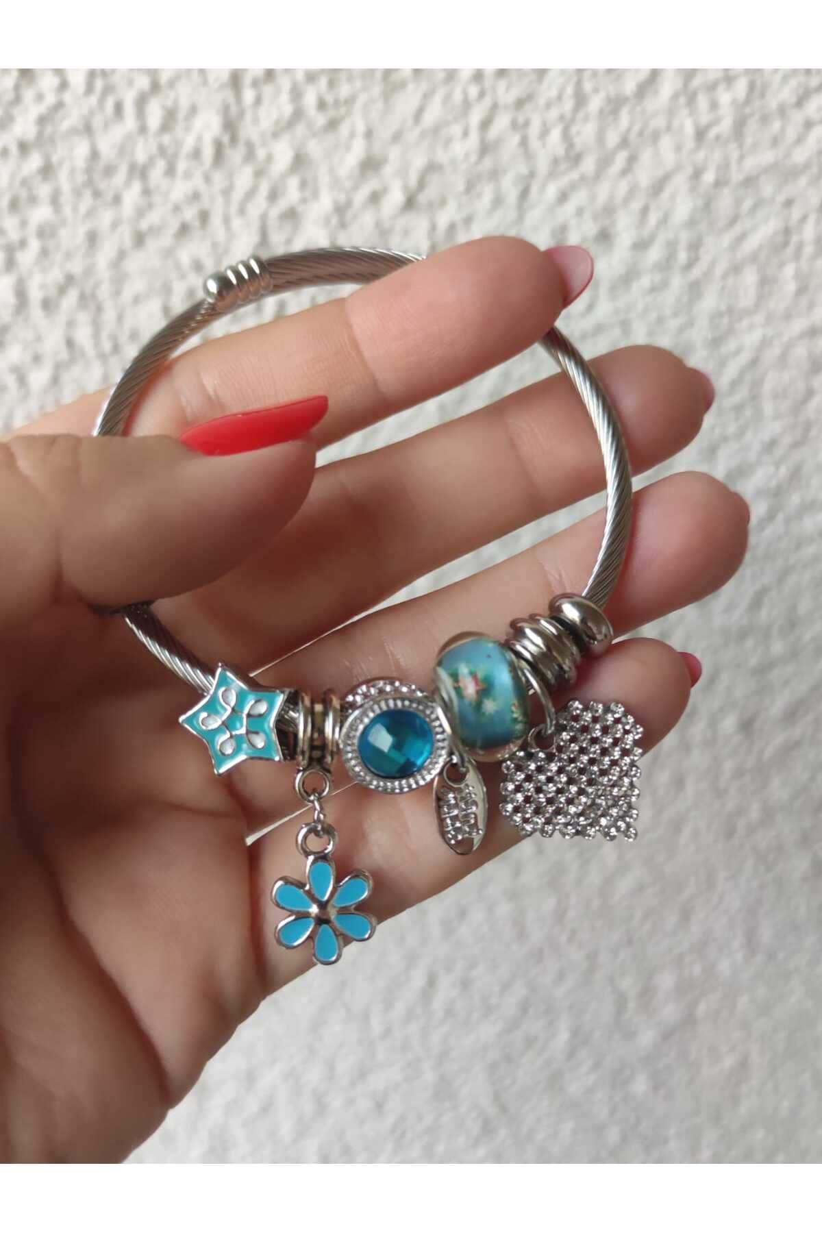 MoS JEWELLERY Paslanmaz Çelik Gümüş Renk Kalp Papatya Yıldız Detaylı Zirkon Taşlı Charm Bileklik