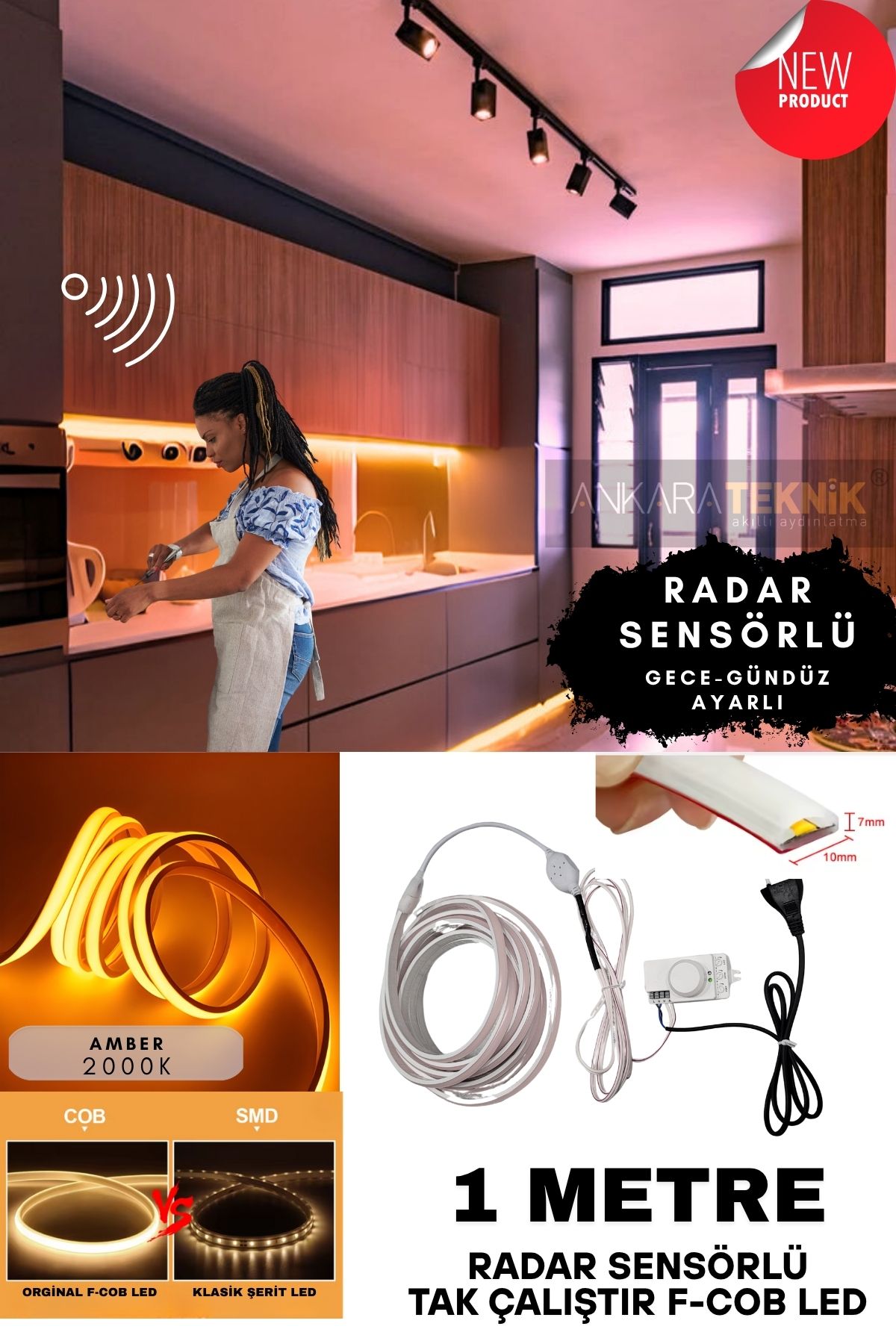 ankarateknik Sensörlü Amber Renk (2000K) F- Cob Neon Led / Yüksek Lümen/ Dolap Alcıpan Tavan LED /1 Metre