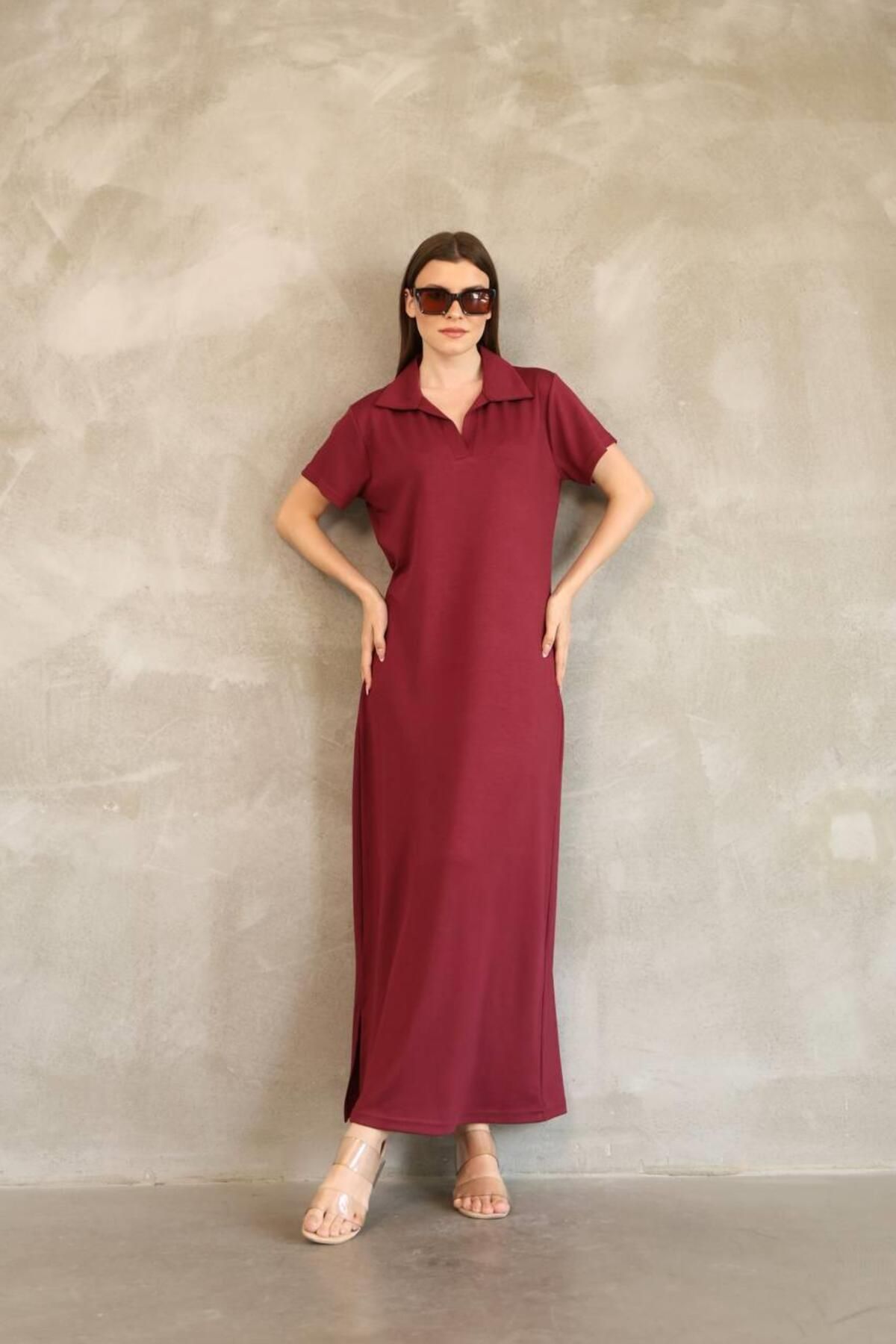BELISTIL Bordo Polo Yaka Modal Kumaş Yırtmaçlı Uzun Elbise
