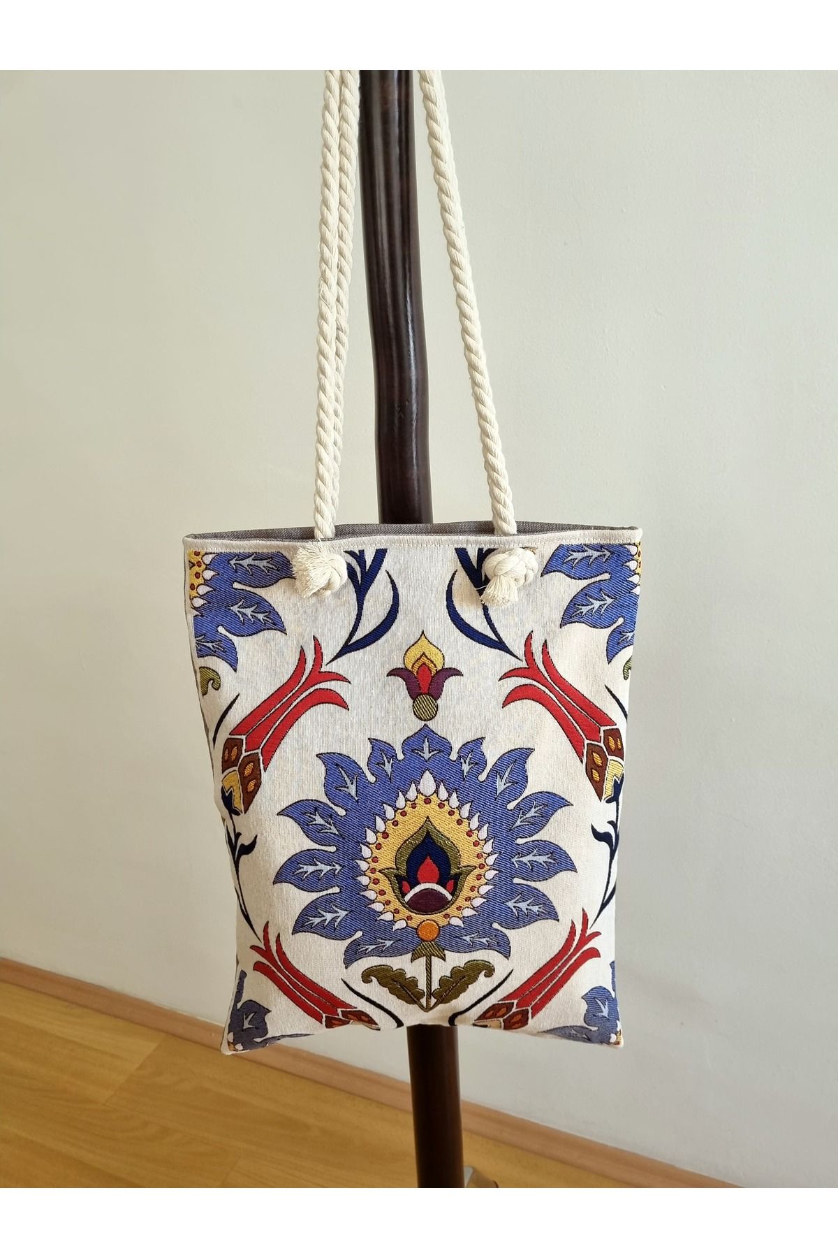 Milenam Osmanlı Lale motifi Desenli Otantik Omuz Çanta Fermuarlı Plaj Çantası