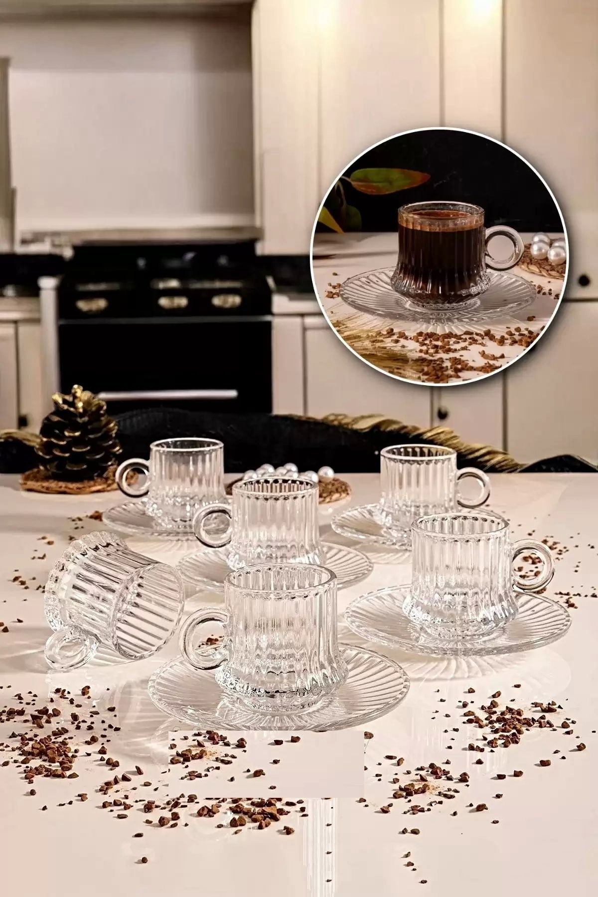 Berdina Home 12 Parça Cam Kahve Fincan Seti Origami Çizgili Desenli Fincan Cam Tabaklı Çay Takımı 125cc