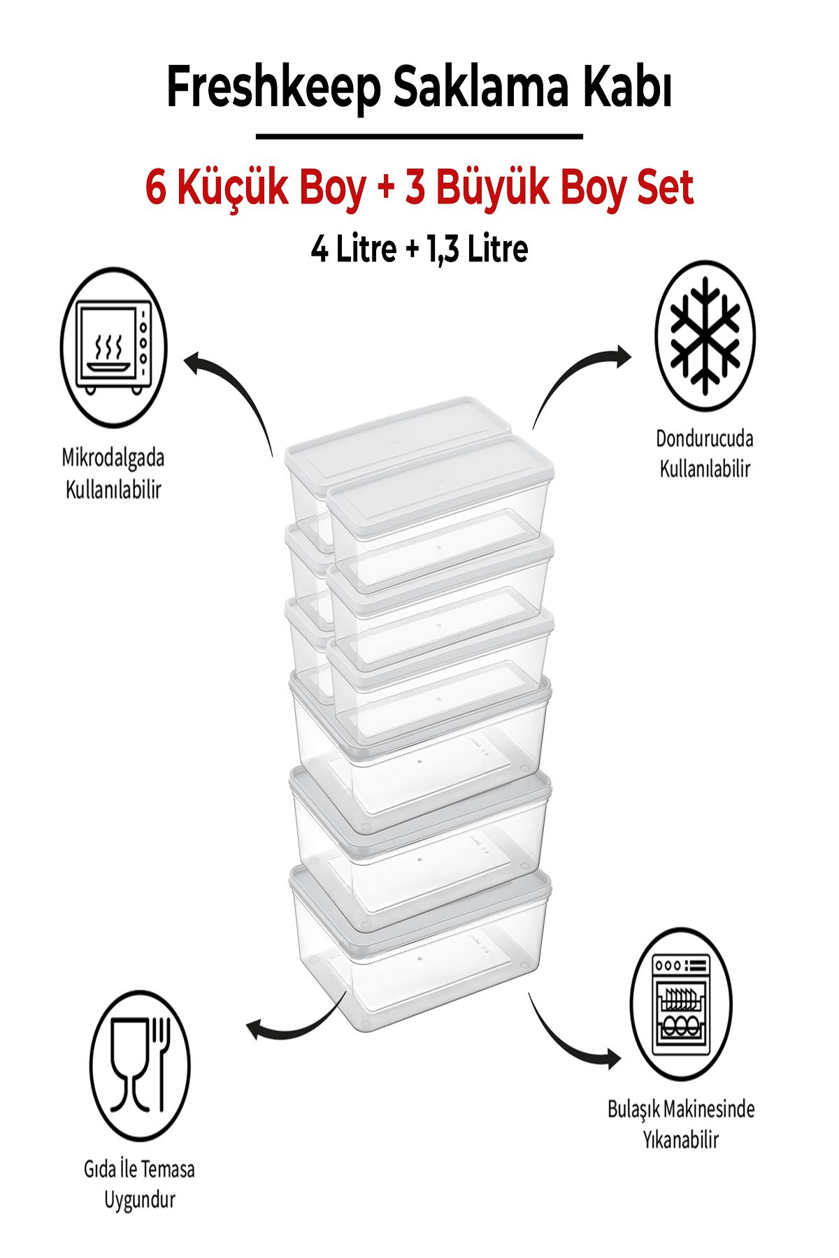 bizimevde 9 Adet Saklama Kabı (3 Büyük-6 Orta Boy) 4 Litre + 1,3 Litre Derin Dondurucu Mikrodalga Uyumlu