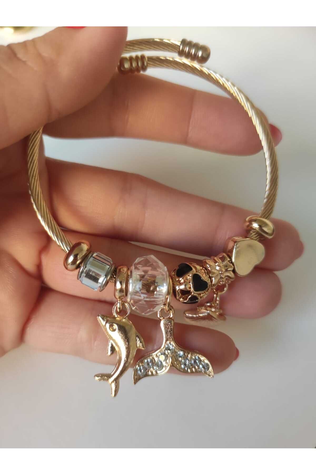 MoS JEWELLERY Paslanmaz Çelik Gold Renk Yunus ve Kalp Detaylı Zirkon Taşlı Charm Bileklik