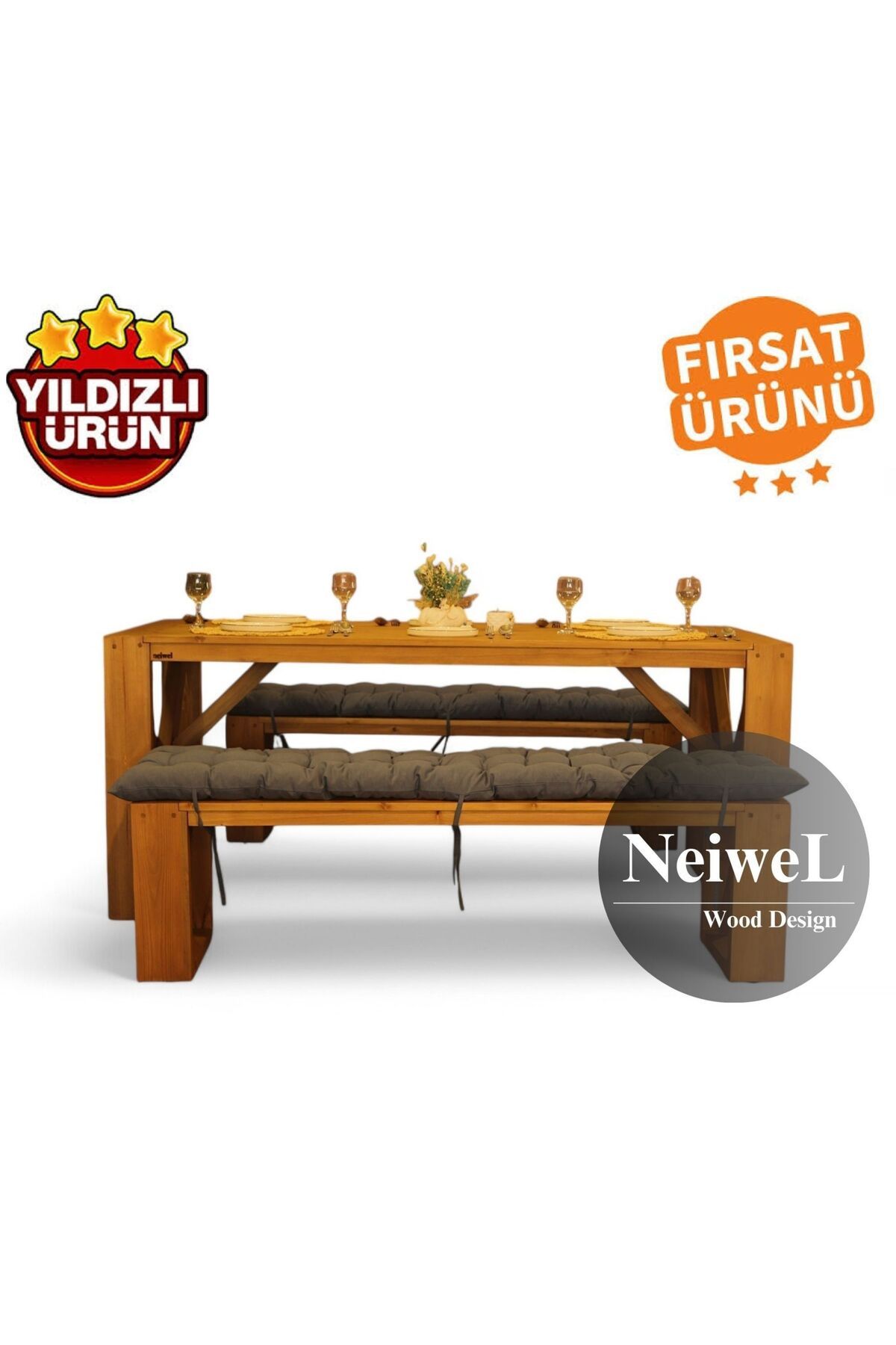 Neiwel Velmar Doğal Ahşap Banklı Yemek Masası Takımı-100-280 Takım
