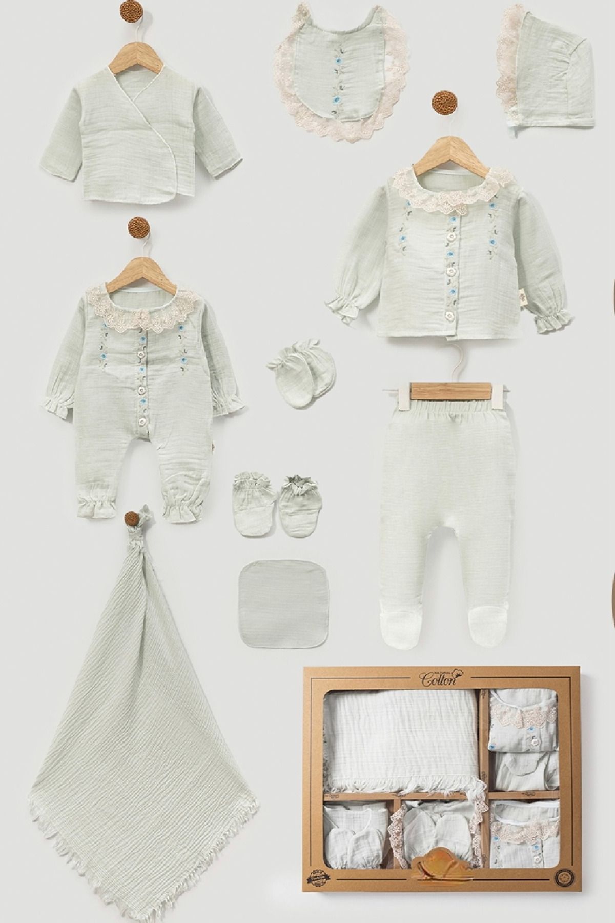 Cherub Baby Dantel Yaka Çiçek Nakışlı Müslin Kız Bebek Yenidoğan 10 Parça Hastane Çıkışı Zıbın Seti