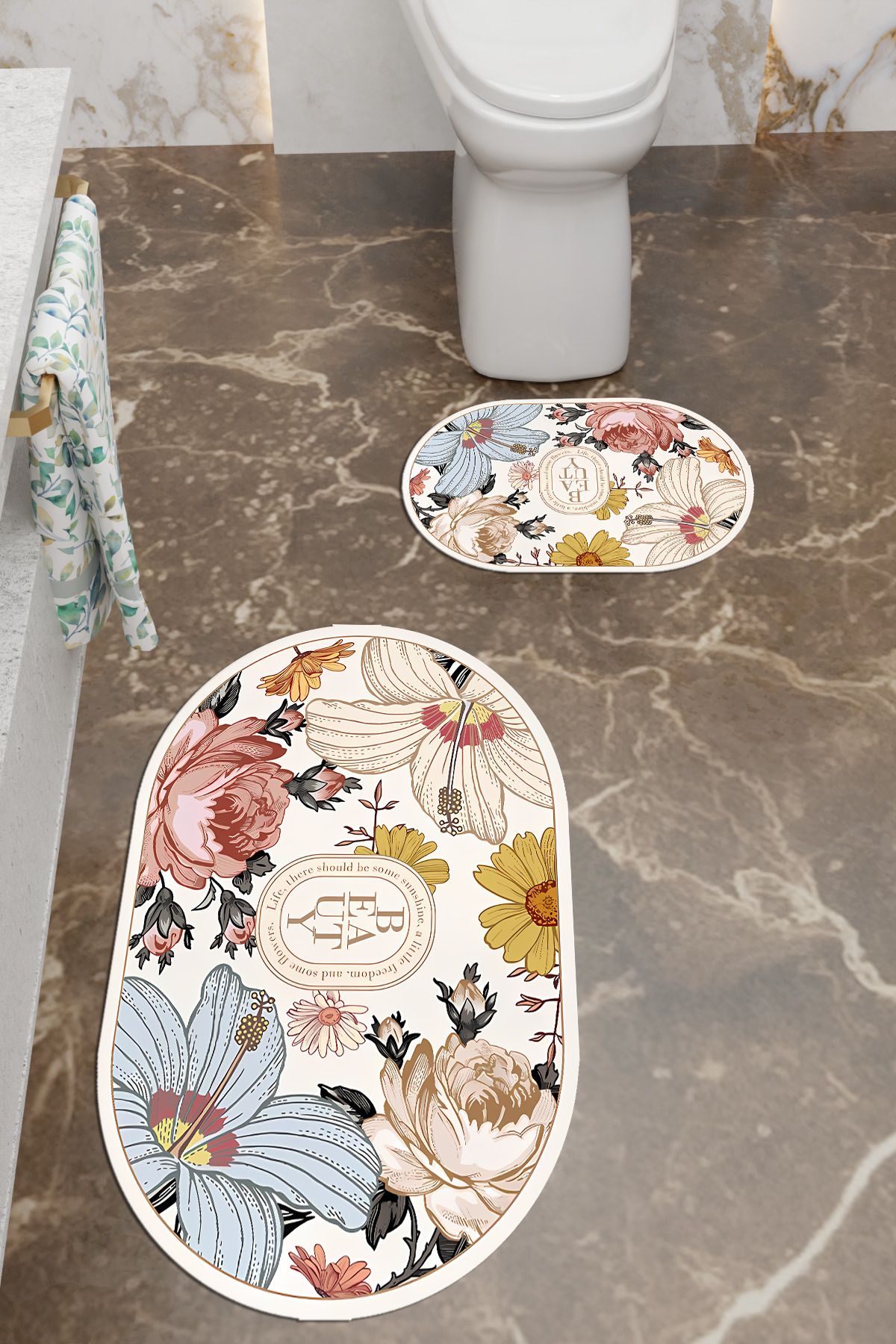 Charmbi Beauty Desenli Eko Banyo Paspası, Kaymaz Taban, Makinada Yıkanabilir, Dijital Baskı 2'li Set