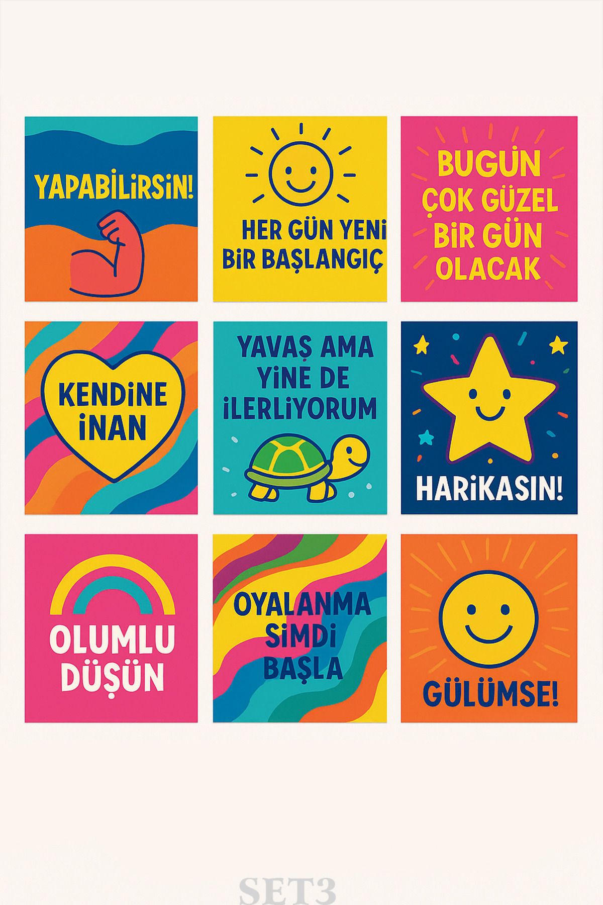 3D HOME Renkli & Esprili 9’lu Motivasyon Pola Kart Seti – 10x10 cm Dekoratif Tasarım