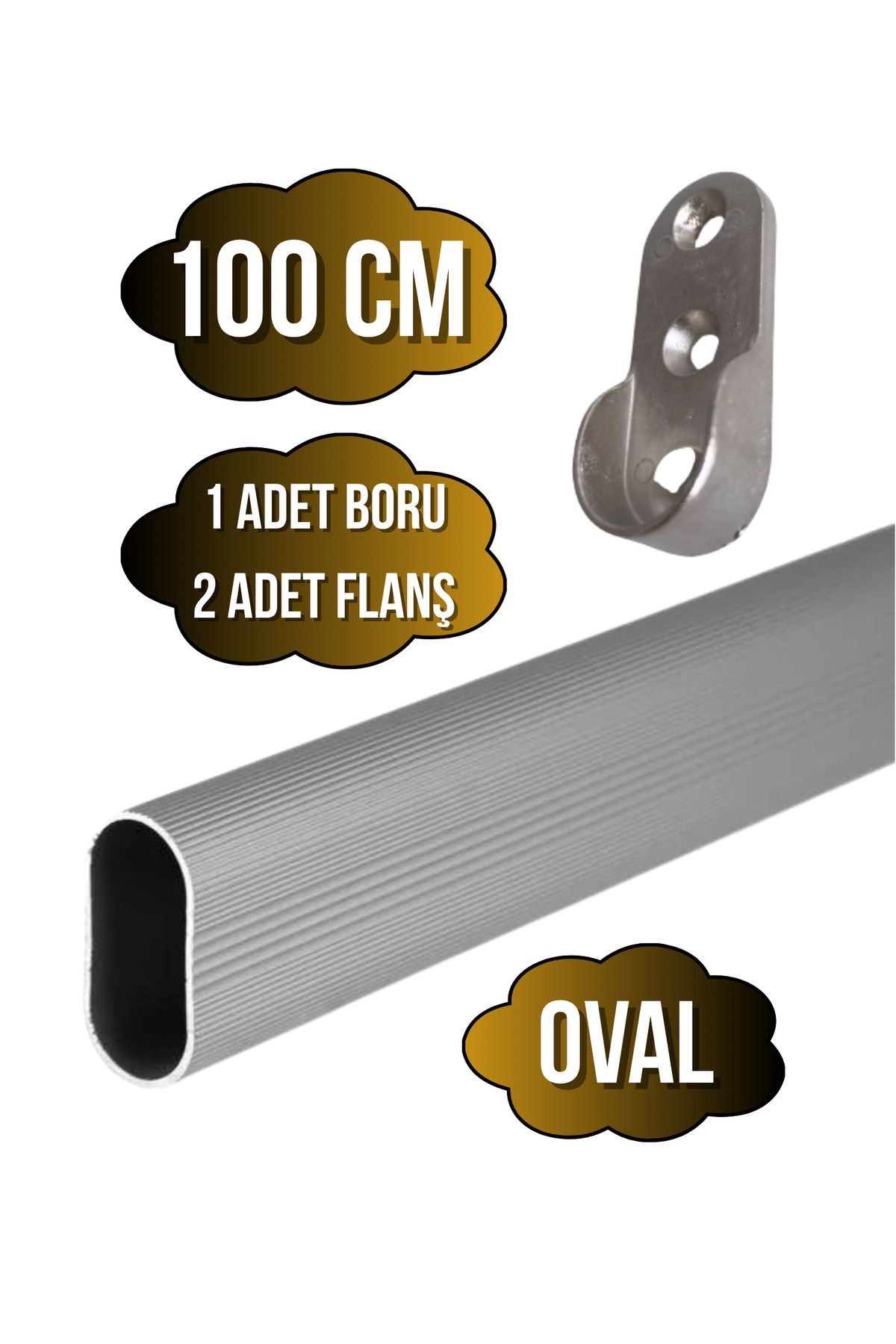 DSYapıAksesuar Alüminyum OVAL Dolap Mobilya Askı Borusu(100CM)(2 ADET FLANŞ-1 ADET BORU)(ALÜMİNYUM)