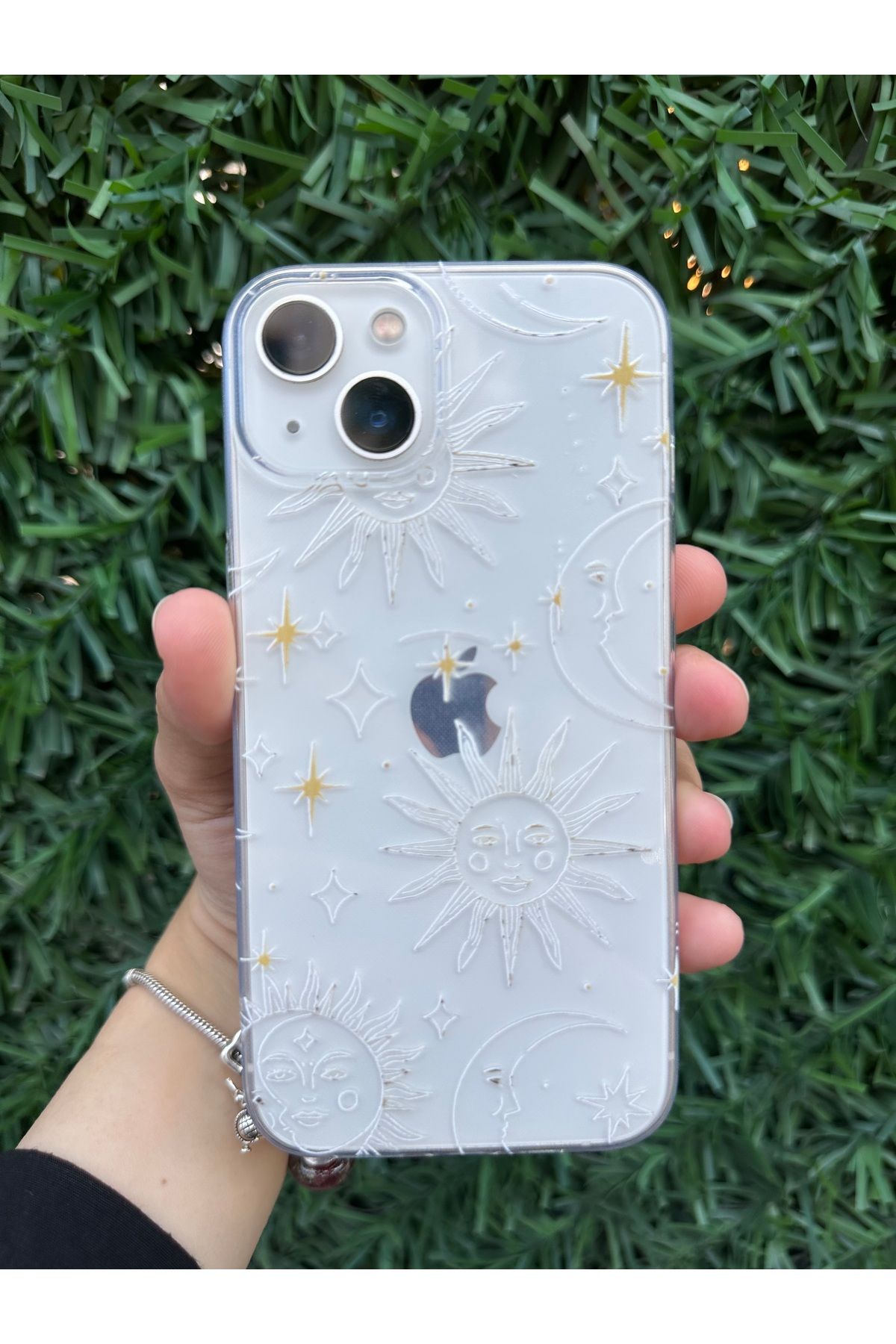 OVADA iPhone 13/14 Uyumlu Kamera Çıkıntılı Güneş ve Yıldız Temalı Baskılı İçi Kadife Silikon Kılıf
