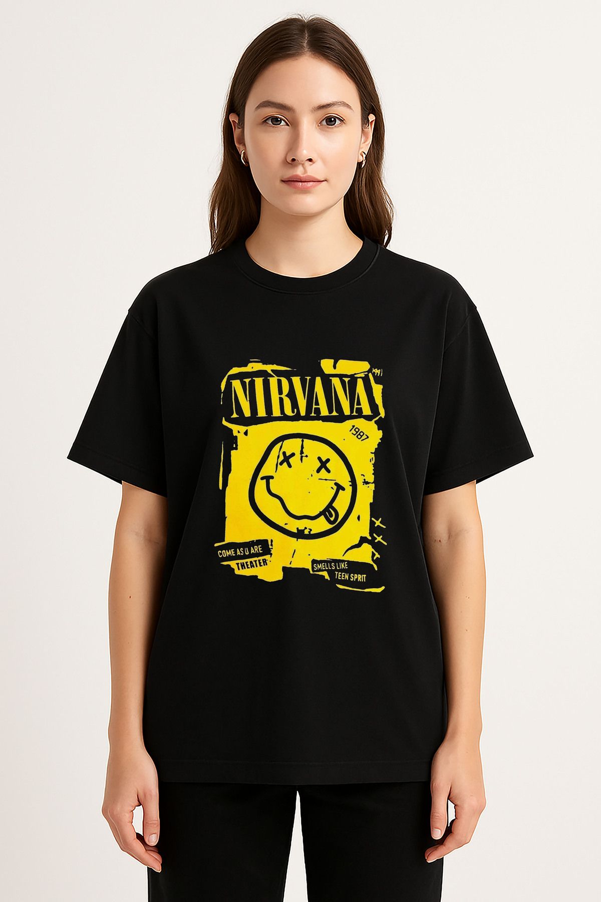 sielta Nirvana Müzik Grubu Baskılı Bisiklet Yaka Oversize Siyah Tişört Thsirt